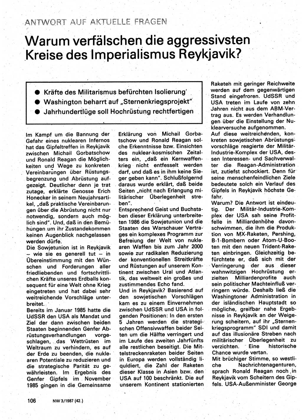 Neuer Weg (NW), Organ des Zentralkomitees (ZK) der SED (Sozialistische Einheitspartei Deutschlands) für Fragen des Parteilebens, 42. Jahrgang [Deutsche Demokratische Republik (DDR)] 1987, Seite 106 (NW ZK SED DDR 1987, S. 106)