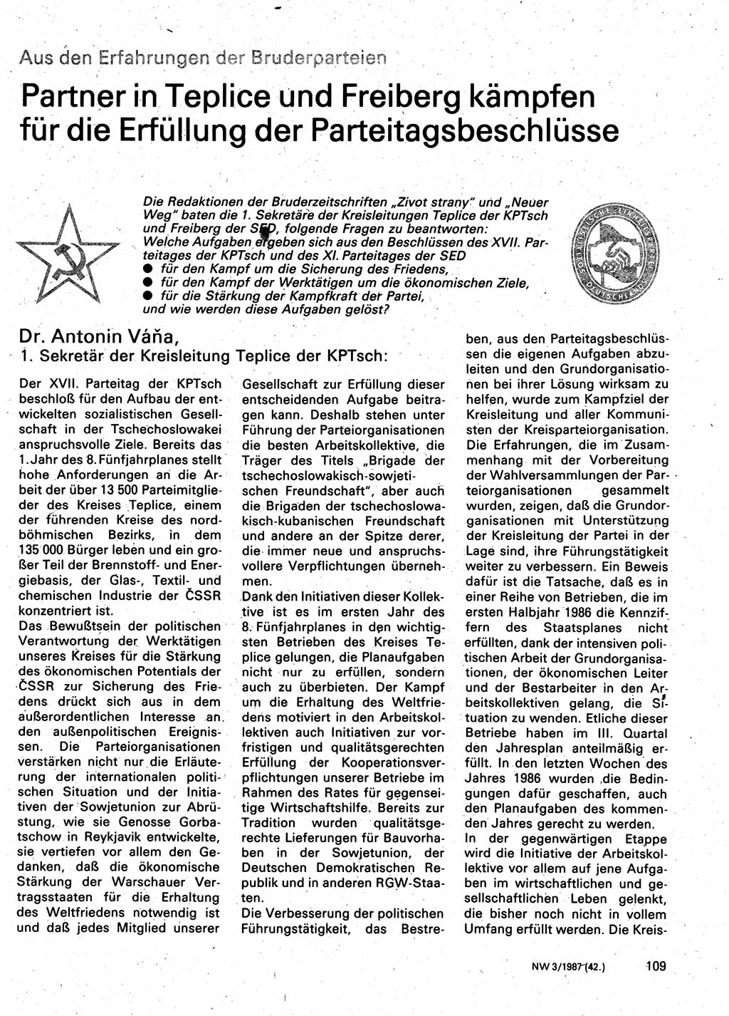Neuer Weg (NW), Organ des Zentralkomitees (ZK) der SED (Sozialistische Einheitspartei Deutschlands) für Fragen des Parteilebens, 42. Jahrgang [Deutsche Demokratische Republik (DDR)] 1987, Seite 109 (NW ZK SED DDR 1987, S. 109)