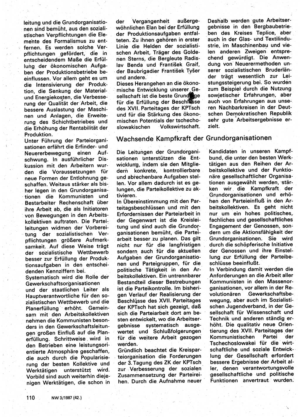 Neuer Weg (NW), Organ des Zentralkomitees (ZK) der SED (Sozialistische Einheitspartei Deutschlands) für Fragen des Parteilebens, 42. Jahrgang [Deutsche Demokratische Republik (DDR)] 1987, Seite 110 (NW ZK SED DDR 1987, S. 110)