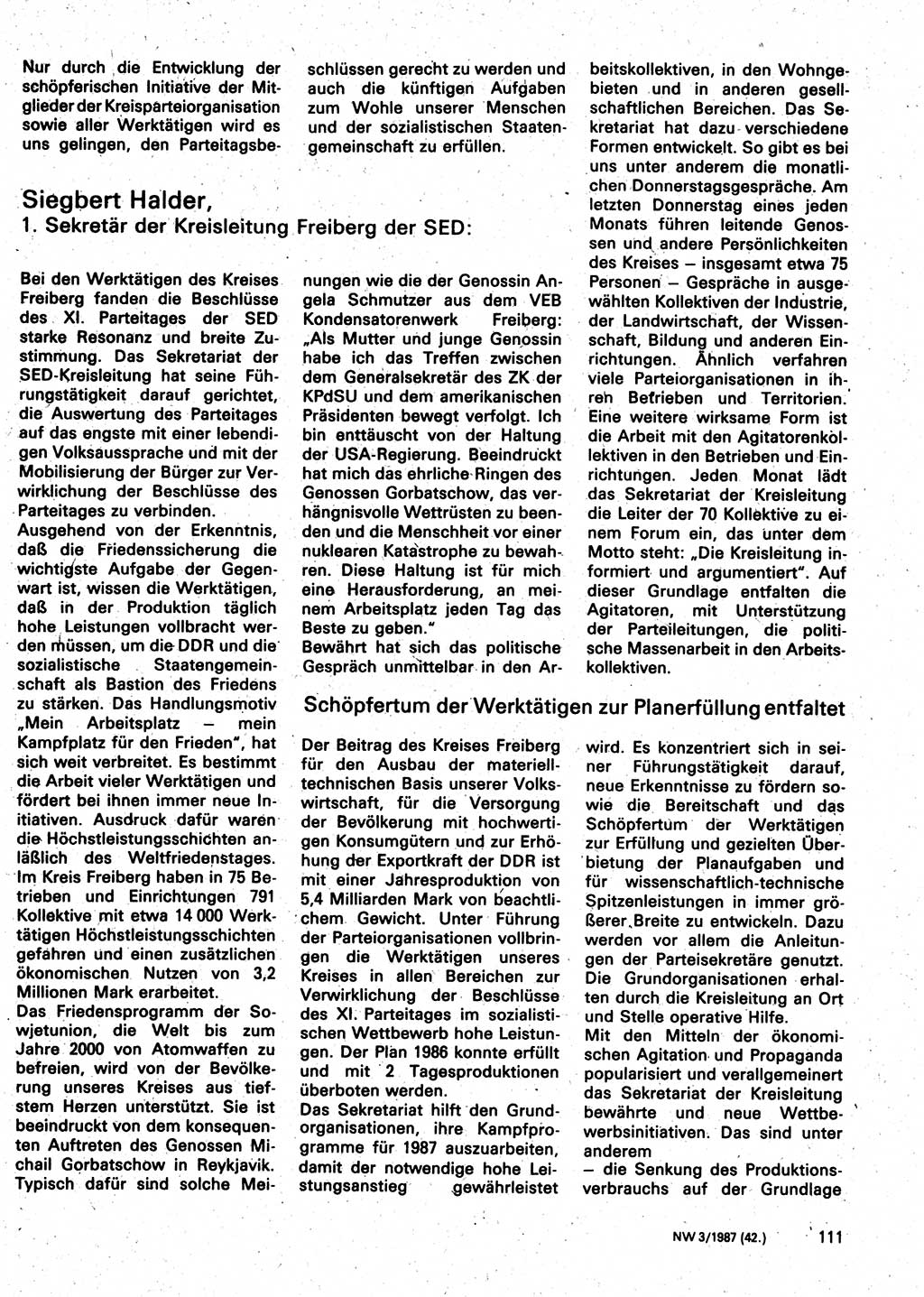 Neuer Weg (NW), Organ des Zentralkomitees (ZK) der SED (Sozialistische Einheitspartei Deutschlands) für Fragen des Parteilebens, 42. Jahrgang [Deutsche Demokratische Republik (DDR)] 1987, Seite 111 (NW ZK SED DDR 1987, S. 111)