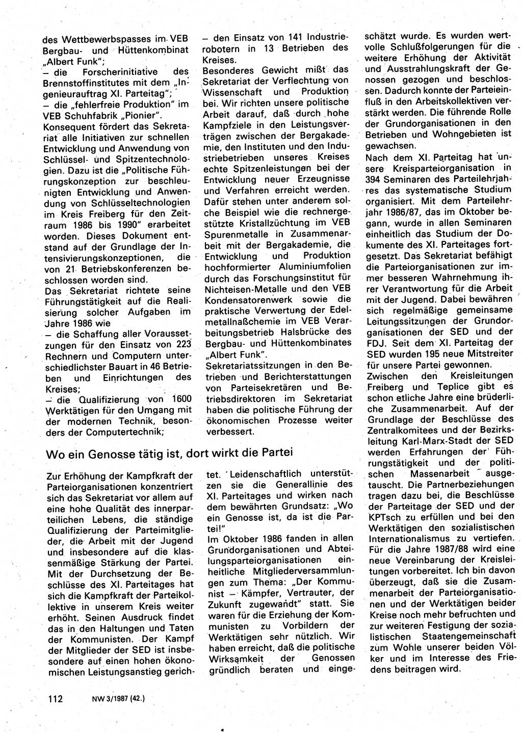 Neuer Weg (NW), Organ des Zentralkomitees (ZK) der SED (Sozialistische Einheitspartei Deutschlands) für Fragen des Parteilebens, 42. Jahrgang [Deutsche Demokratische Republik (DDR)] 1987, Seite 112 (NW ZK SED DDR 1987, S. 112)