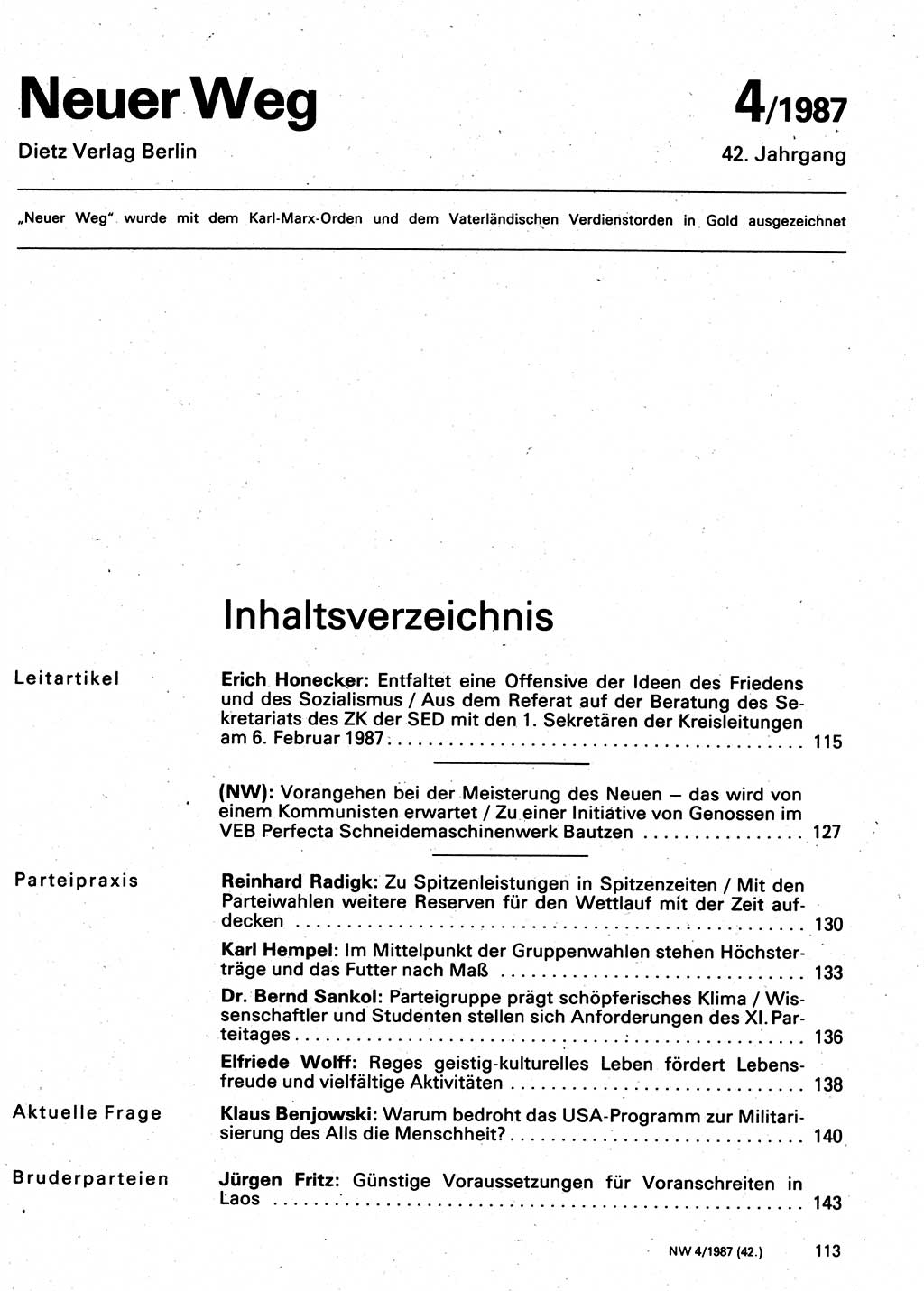 Neuer Weg (NW), Organ des Zentralkomitees (ZK) der SED (Sozialistische Einheitspartei Deutschlands) für Fragen des Parteilebens, 42. Jahrgang [Deutsche Demokratische Republik (DDR)] 1987, Seite 113 (NW ZK SED DDR 1987, S. 113)