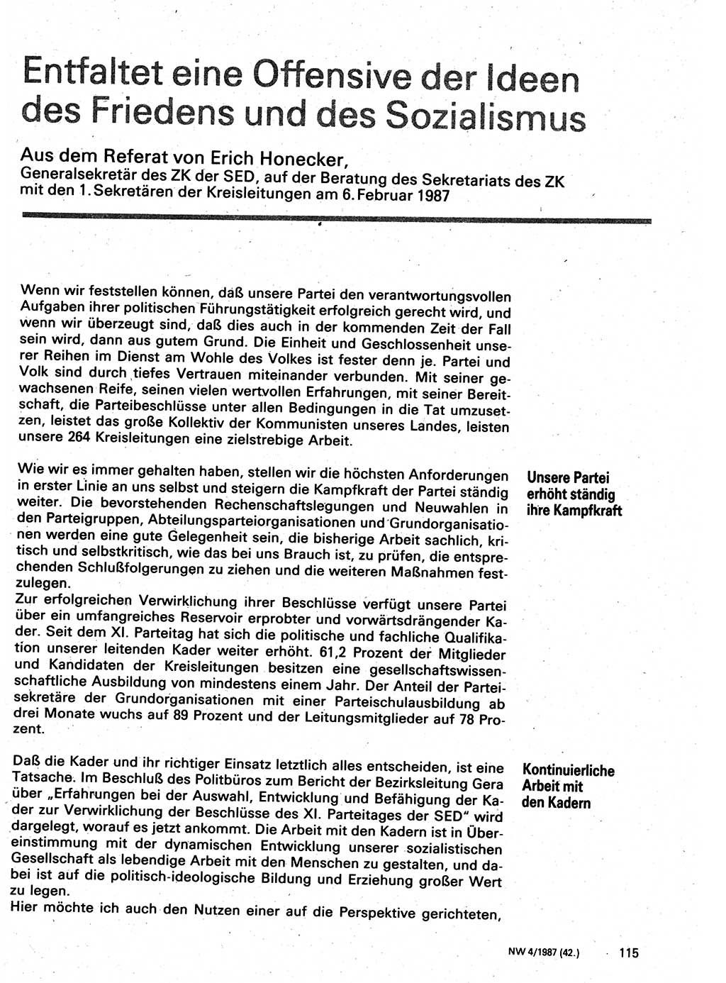 Neuer Weg (NW), Organ des Zentralkomitees (ZK) der SED (Sozialistische Einheitspartei Deutschlands) für Fragen des Parteilebens, 42. Jahrgang [Deutsche Demokratische Republik (DDR)] 1987, Seite 115 (NW ZK SED DDR 1987, S. 115)