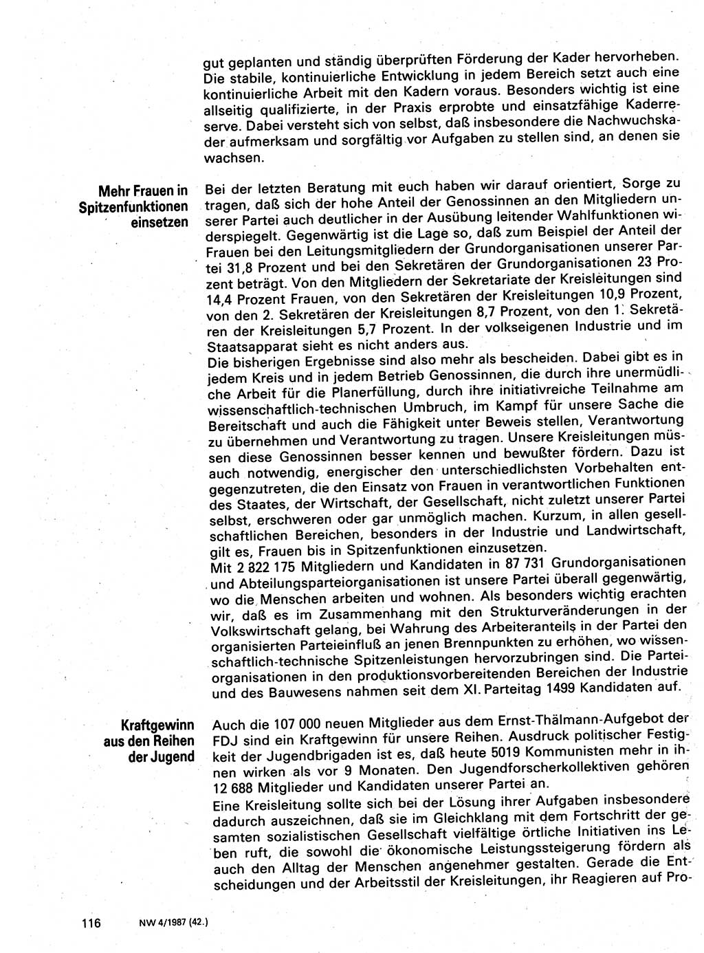 Neuer Weg (NW), Organ des Zentralkomitees (ZK) der SED (Sozialistische Einheitspartei Deutschlands) für Fragen des Parteilebens, 42. Jahrgang [Deutsche Demokratische Republik (DDR)] 1987, Seite 116 (NW ZK SED DDR 1987, S. 116)