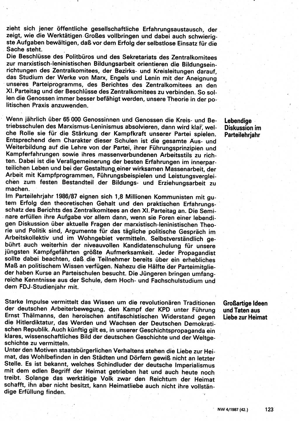 Neuer Weg (NW), Organ des Zentralkomitees (ZK) der SED (Sozialistische Einheitspartei Deutschlands) für Fragen des Parteilebens, 42. Jahrgang [Deutsche Demokratische Republik (DDR)] 1987, Seite 123 (NW ZK SED DDR 1987, S. 123)