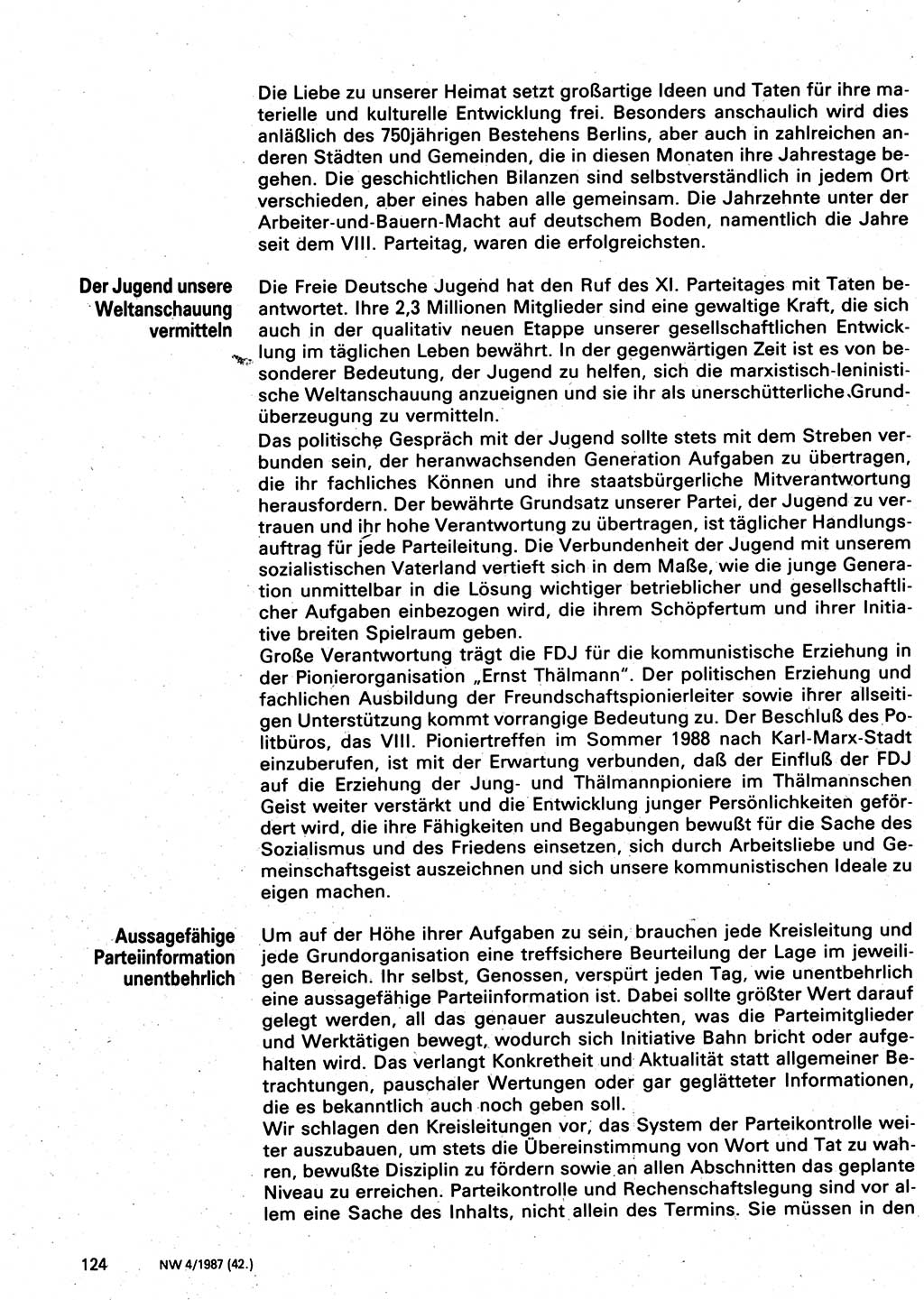 Neuer Weg (NW), Organ des Zentralkomitees (ZK) der SED (Sozialistische Einheitspartei Deutschlands) für Fragen des Parteilebens, 42. Jahrgang [Deutsche Demokratische Republik (DDR)] 1987, Seite 124 (NW ZK SED DDR 1987, S. 124)