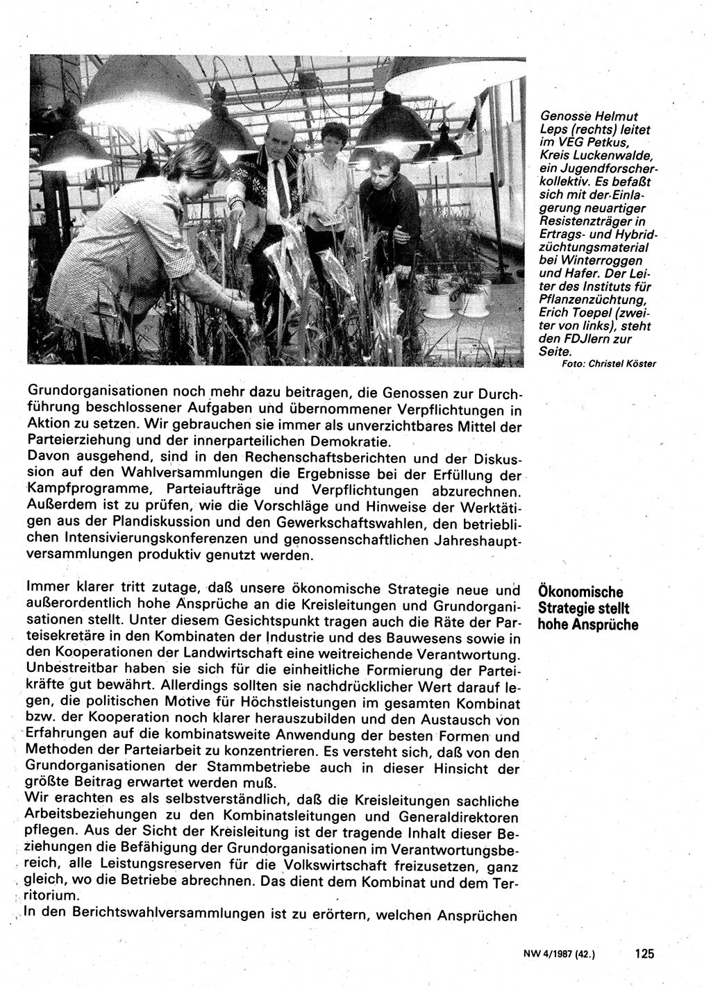 Neuer Weg (NW), Organ des Zentralkomitees (ZK) der SED (Sozialistische Einheitspartei Deutschlands) für Fragen des Parteilebens, 42. Jahrgang [Deutsche Demokratische Republik (DDR)] 1987, Seite 125 (NW ZK SED DDR 1987, S. 125)