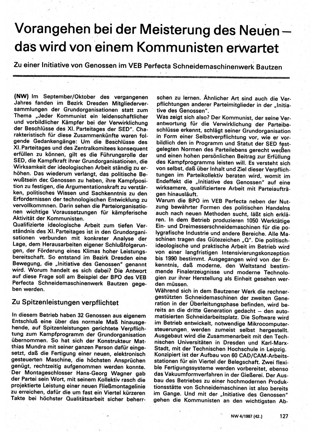 Neuer Weg (NW), Organ des Zentralkomitees (ZK) der SED (Sozialistische Einheitspartei Deutschlands) für Fragen des Parteilebens, 42. Jahrgang [Deutsche Demokratische Republik (DDR)] 1987, Seite 127 (NW ZK SED DDR 1987, S. 127)