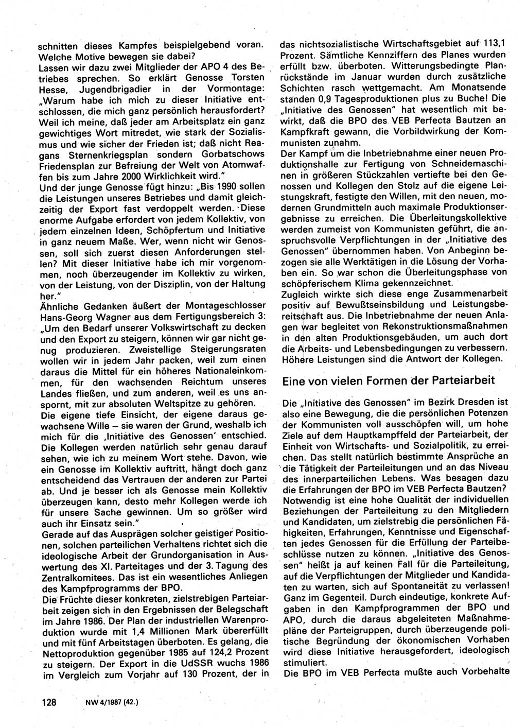 Neuer Weg (NW), Organ des Zentralkomitees (ZK) der SED (Sozialistische Einheitspartei Deutschlands) für Fragen des Parteilebens, 42. Jahrgang [Deutsche Demokratische Republik (DDR)] 1987, Seite 128 (NW ZK SED DDR 1987, S. 128)