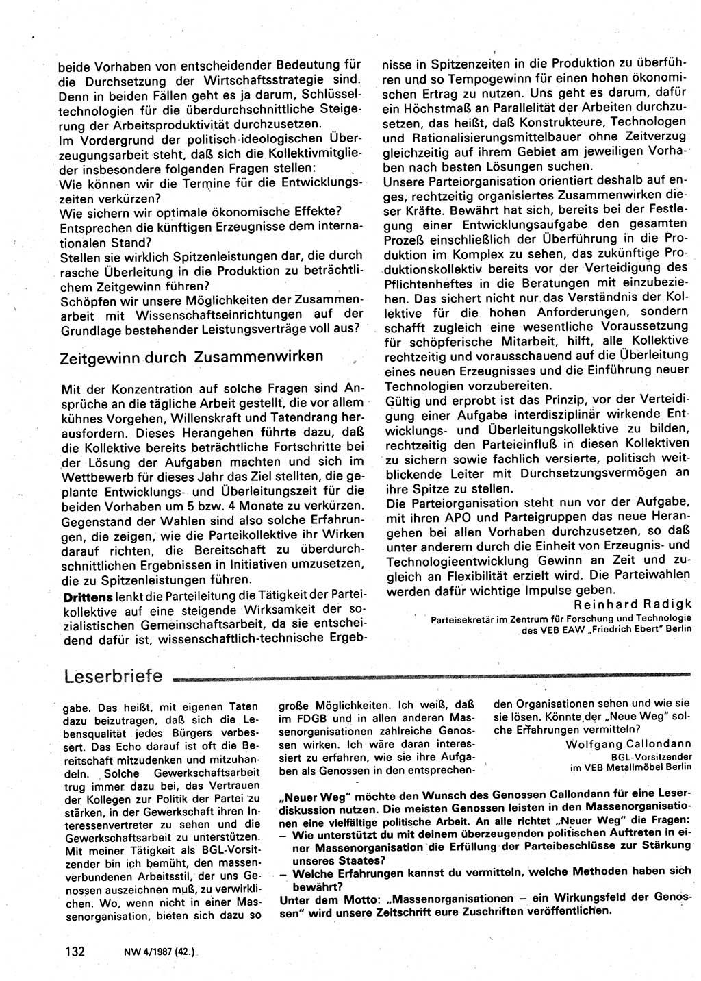 Neuer Weg (NW), Organ des Zentralkomitees (ZK) der SED (Sozialistische Einheitspartei Deutschlands) für Fragen des Parteilebens, 42. Jahrgang [Deutsche Demokratische Republik (DDR)] 1987, Seite 132 (NW ZK SED DDR 1987, S. 132)