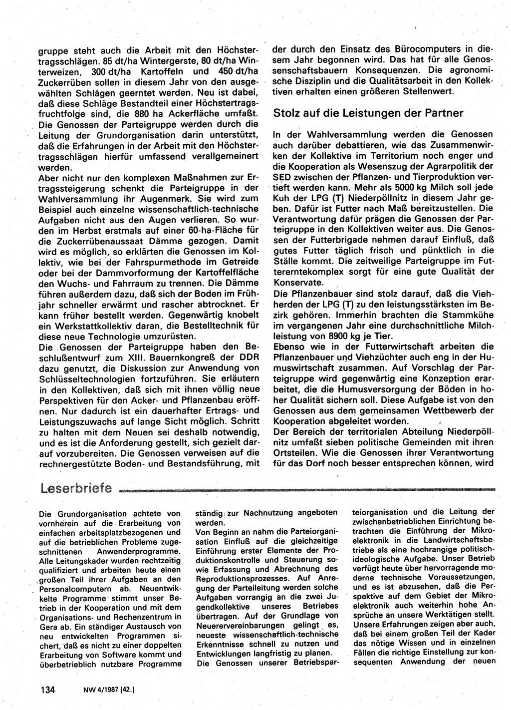Neuer Weg (NW), Organ des Zentralkomitees (ZK) der SED (Sozialistische Einheitspartei Deutschlands) für Fragen des Parteilebens, 42. Jahrgang [Deutsche Demokratische Republik (DDR)] 1987, Seite 134 (NW ZK SED DDR 1987, S. 134)