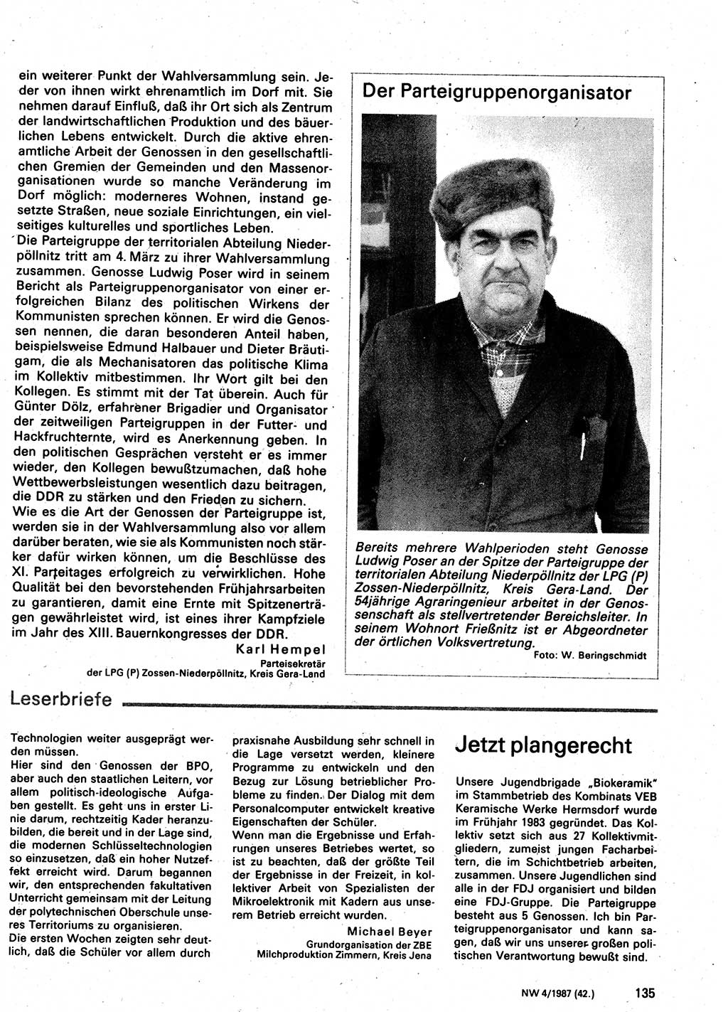 Neuer Weg (NW), Organ des Zentralkomitees (ZK) der SED (Sozialistische Einheitspartei Deutschlands) für Fragen des Parteilebens, 42. Jahrgang [Deutsche Demokratische Republik (DDR)] 1987, Seite 135 (NW ZK SED DDR 1987, S. 135)