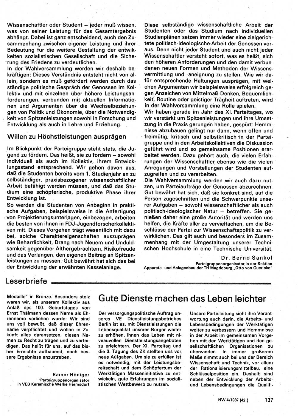 Neuer Weg (NW), Organ des Zentralkomitees (ZK) der SED (Sozialistische Einheitspartei Deutschlands) für Fragen des Parteilebens, 42. Jahrgang [Deutsche Demokratische Republik (DDR)] 1987, Seite 137 (NW ZK SED DDR 1987, S. 137)