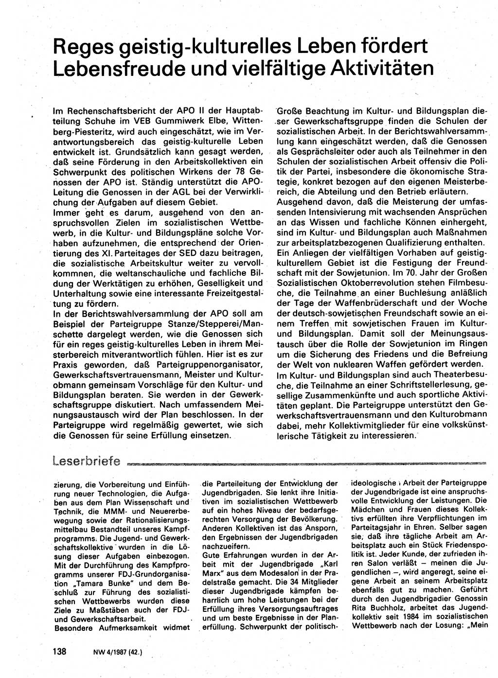 Neuer Weg (NW), Organ des Zentralkomitees (ZK) der SED (Sozialistische Einheitspartei Deutschlands) für Fragen des Parteilebens, 42. Jahrgang [Deutsche Demokratische Republik (DDR)] 1987, Seite 138 (NW ZK SED DDR 1987, S. 138)