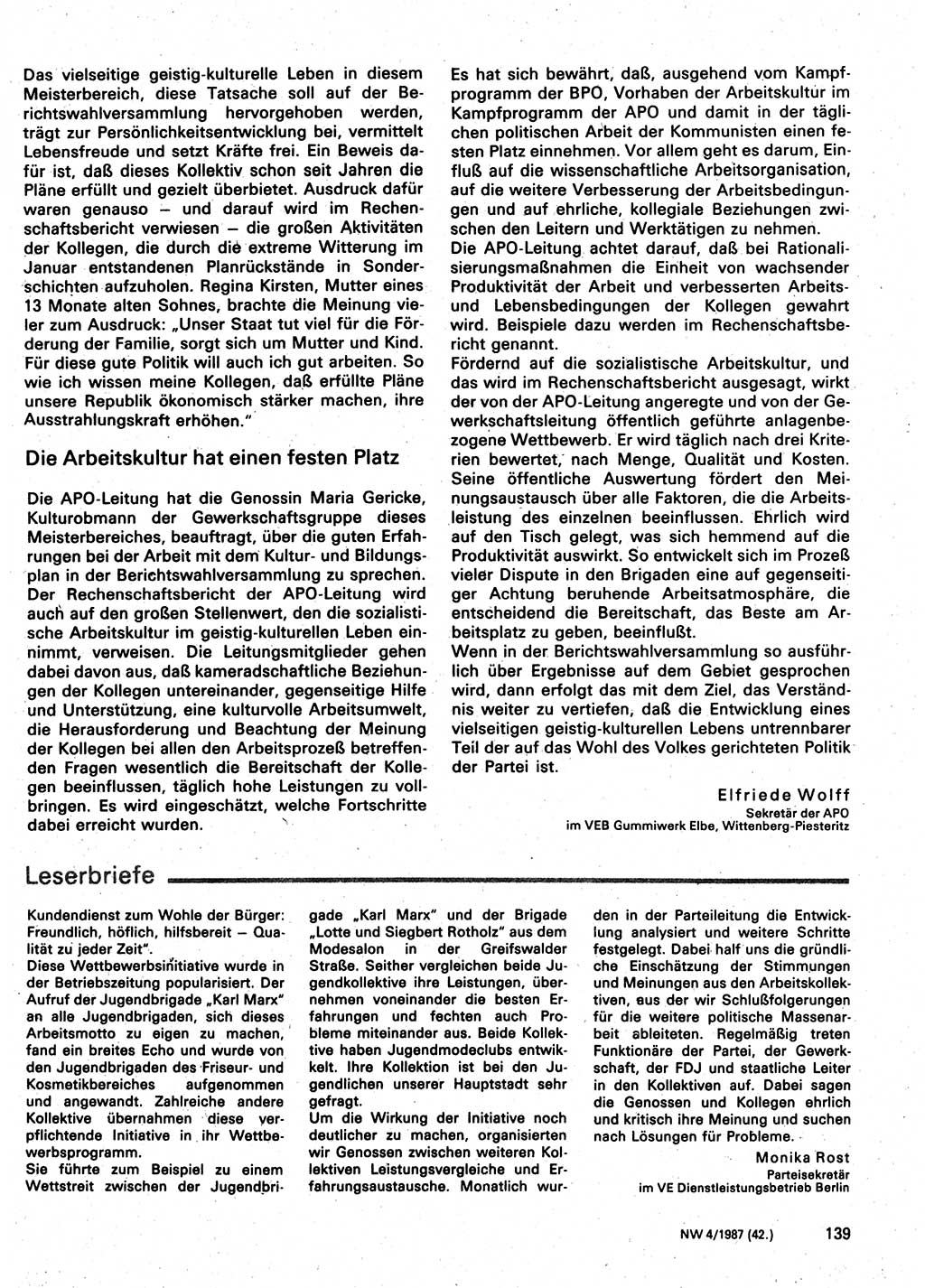 Neuer Weg (NW), Organ des Zentralkomitees (ZK) der SED (Sozialistische Einheitspartei Deutschlands) für Fragen des Parteilebens, 42. Jahrgang [Deutsche Demokratische Republik (DDR)] 1987, Seite 139 (NW ZK SED DDR 1987, S. 139)