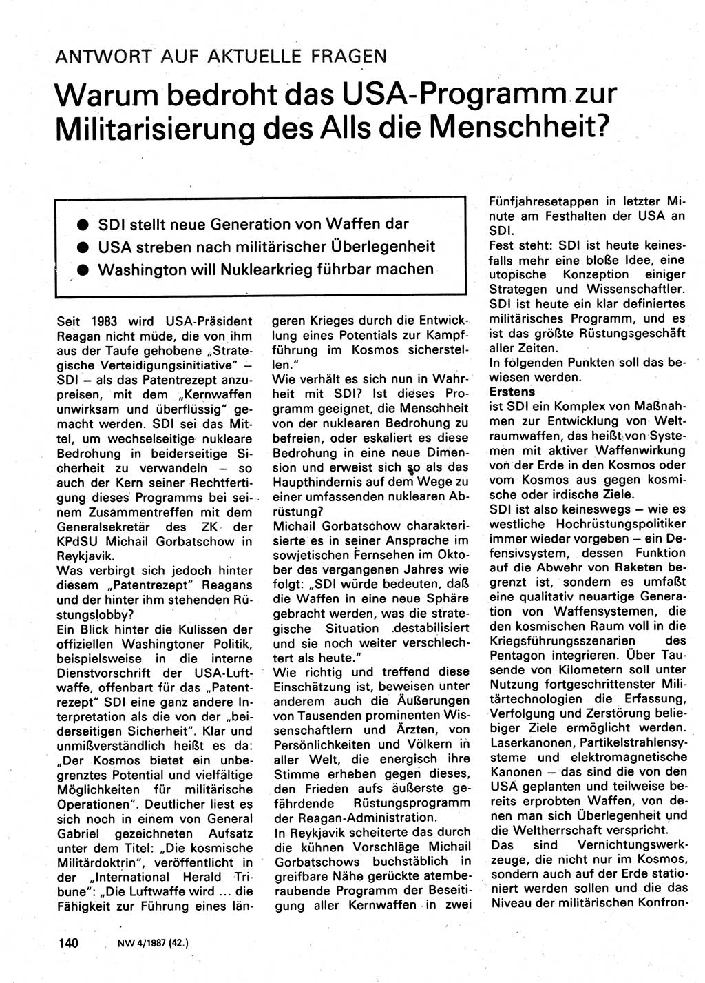 Neuer Weg (NW), Organ des Zentralkomitees (ZK) der SED (Sozialistische Einheitspartei Deutschlands) für Fragen des Parteilebens, 42. Jahrgang [Deutsche Demokratische Republik (DDR)] 1987, Seite 140 (NW ZK SED DDR 1987, S. 140)
