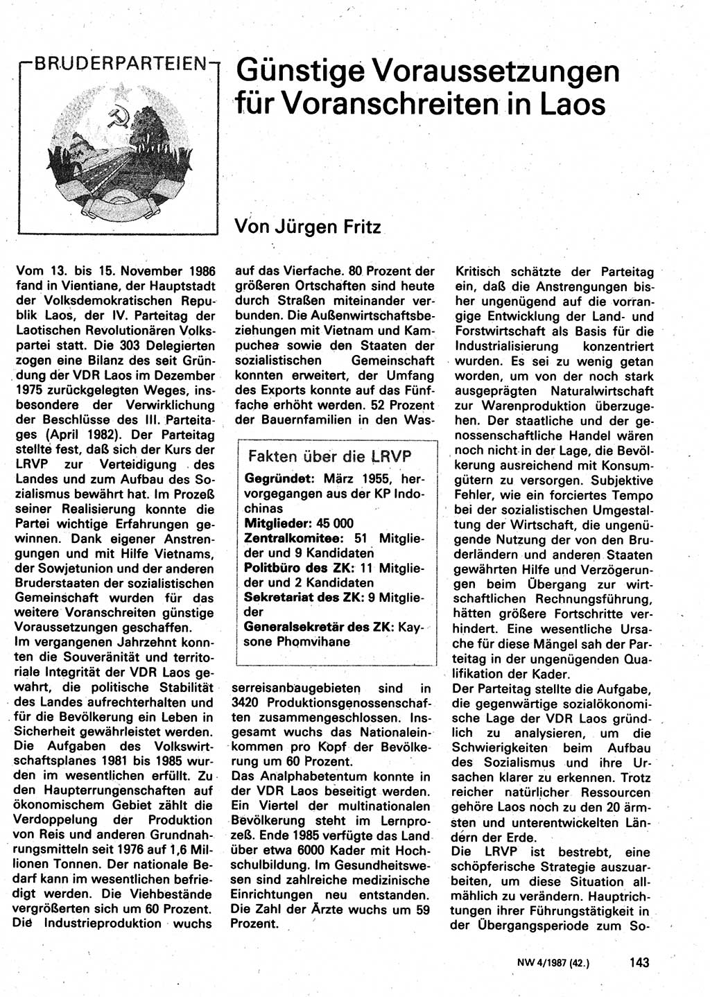 Neuer Weg (NW), Organ des Zentralkomitees (ZK) der SED (Sozialistische Einheitspartei Deutschlands) für Fragen des Parteilebens, 42. Jahrgang [Deutsche Demokratische Republik (DDR)] 1987, Seite 143 (NW ZK SED DDR 1987, S. 143)