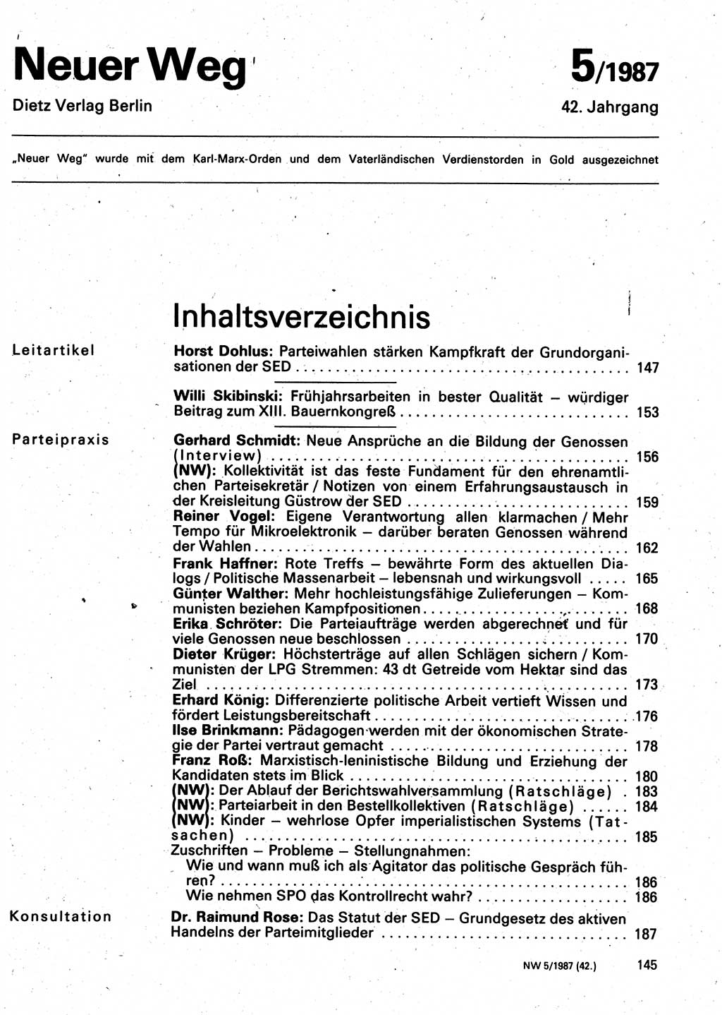 Neuer Weg (NW), Organ des Zentralkomitees (ZK) der SED (Sozialistische Einheitspartei Deutschlands) für Fragen des Parteilebens, 42. Jahrgang [Deutsche Demokratische Republik (DDR)] 1987, Seite 145 (NW ZK SED DDR 1987, S. 145)