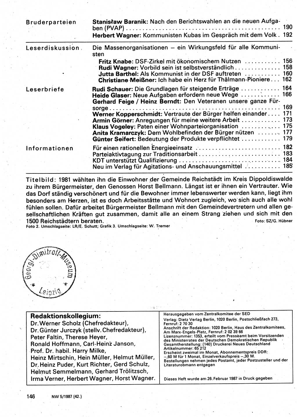 Neuer Weg (NW), Organ des Zentralkomitees (ZK) der SED (Sozialistische Einheitspartei Deutschlands) für Fragen des Parteilebens, 42. Jahrgang [Deutsche Demokratische Republik (DDR)] 1987, Seite 146 (NW ZK SED DDR 1987, S. 146)