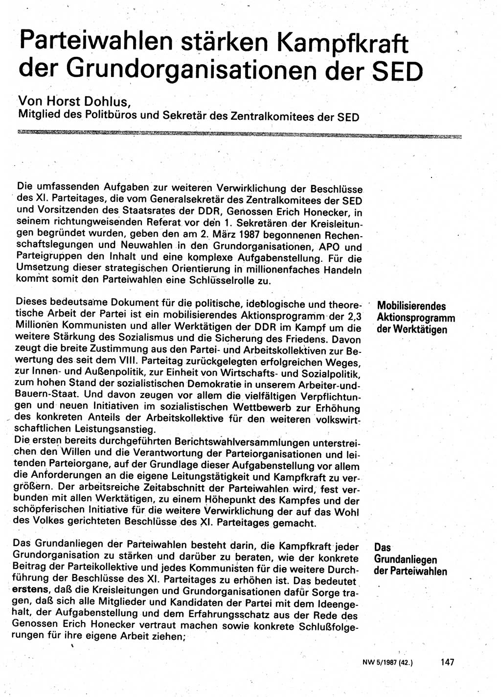 Neuer Weg (NW), Organ des Zentralkomitees (ZK) der SED (Sozialistische Einheitspartei Deutschlands) für Fragen des Parteilebens, 42. Jahrgang [Deutsche Demokratische Republik (DDR)] 1987, Seite 147 (NW ZK SED DDR 1987, S. 147)