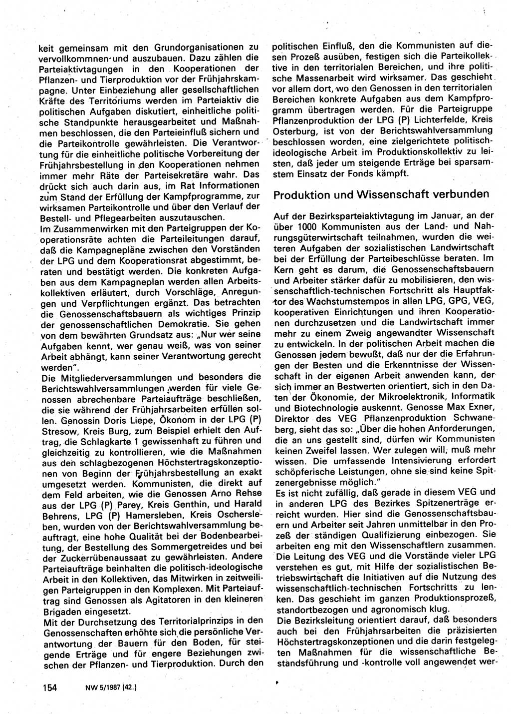 Neuer Weg (NW), Organ des Zentralkomitees (ZK) der SED (Sozialistische Einheitspartei Deutschlands) für Fragen des Parteilebens, 42. Jahrgang [Deutsche Demokratische Republik (DDR)] 1987, Seite 154 (NW ZK SED DDR 1987, S. 154)