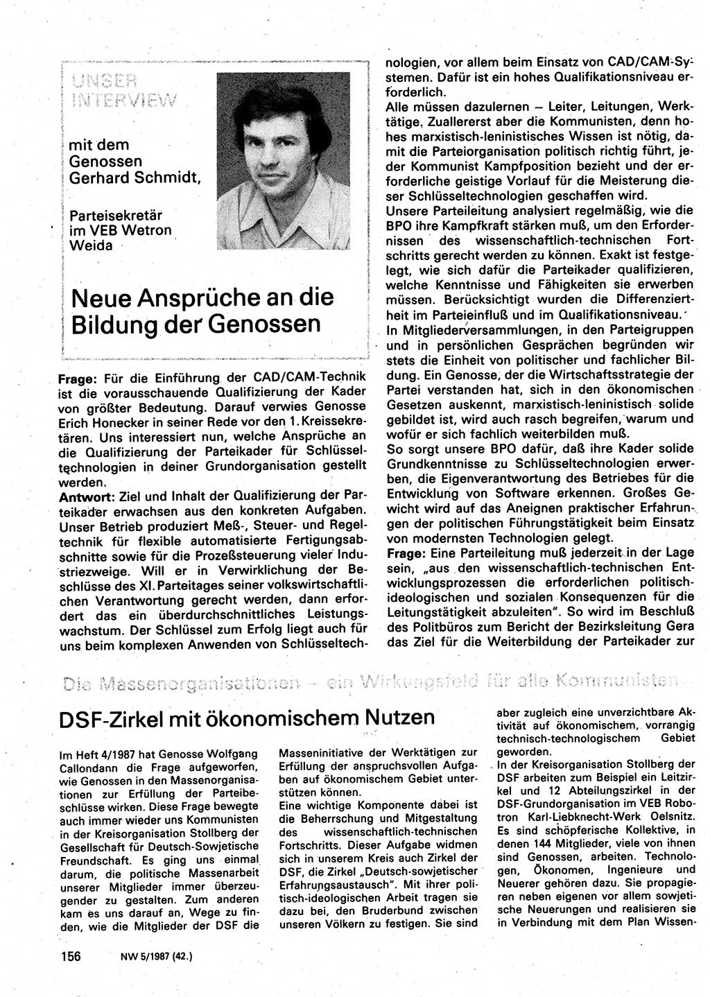 Neuer Weg (NW), Organ des Zentralkomitees (ZK) der SED (Sozialistische Einheitspartei Deutschlands) für Fragen des Parteilebens, 42. Jahrgang [Deutsche Demokratische Republik (DDR)] 1987, Seite 156 (NW ZK SED DDR 1987, S. 156)