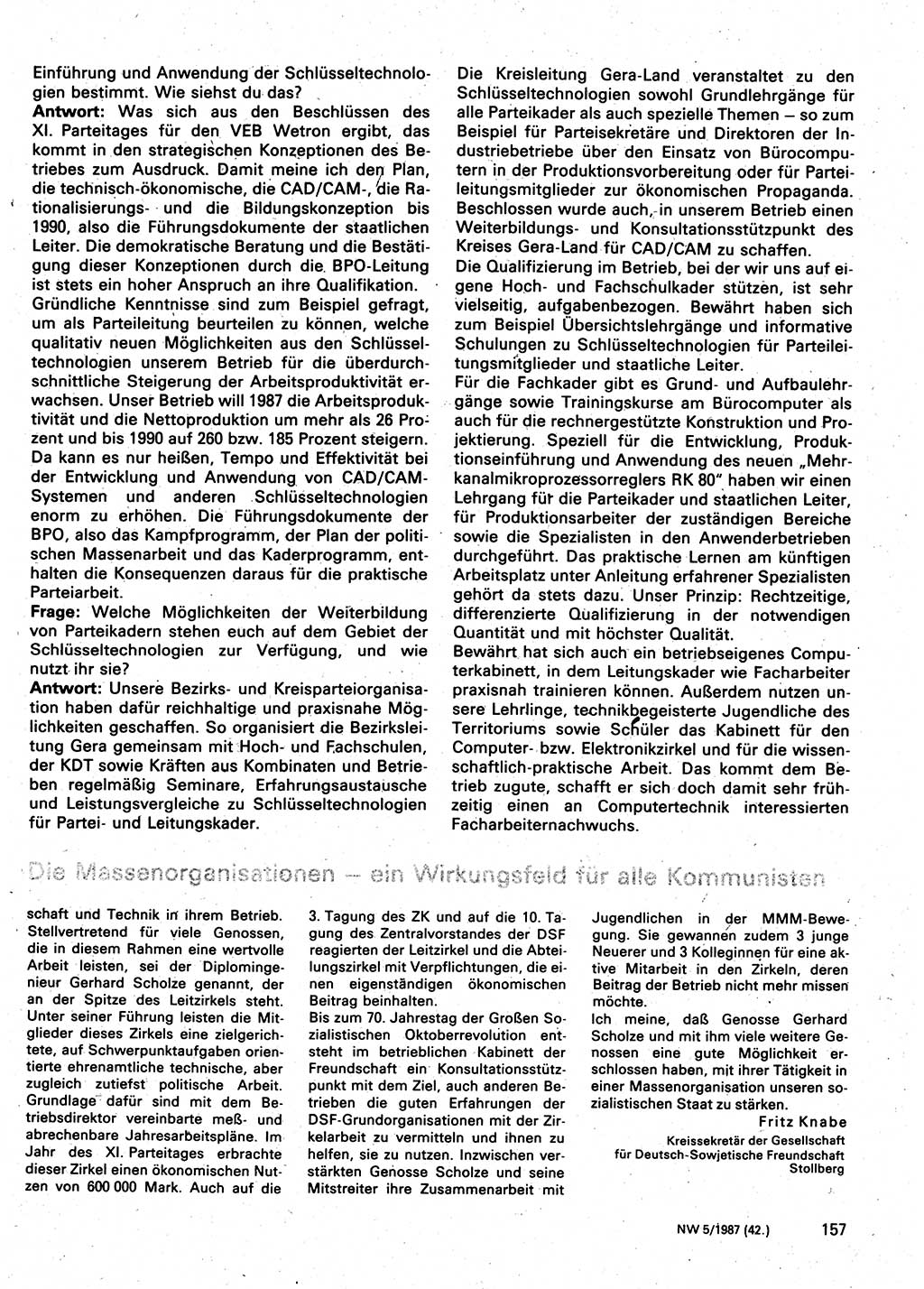 Neuer Weg (NW), Organ des Zentralkomitees (ZK) der SED (Sozialistische Einheitspartei Deutschlands) für Fragen des Parteilebens, 42. Jahrgang [Deutsche Demokratische Republik (DDR)] 1987, Seite 157 (NW ZK SED DDR 1987, S. 157)