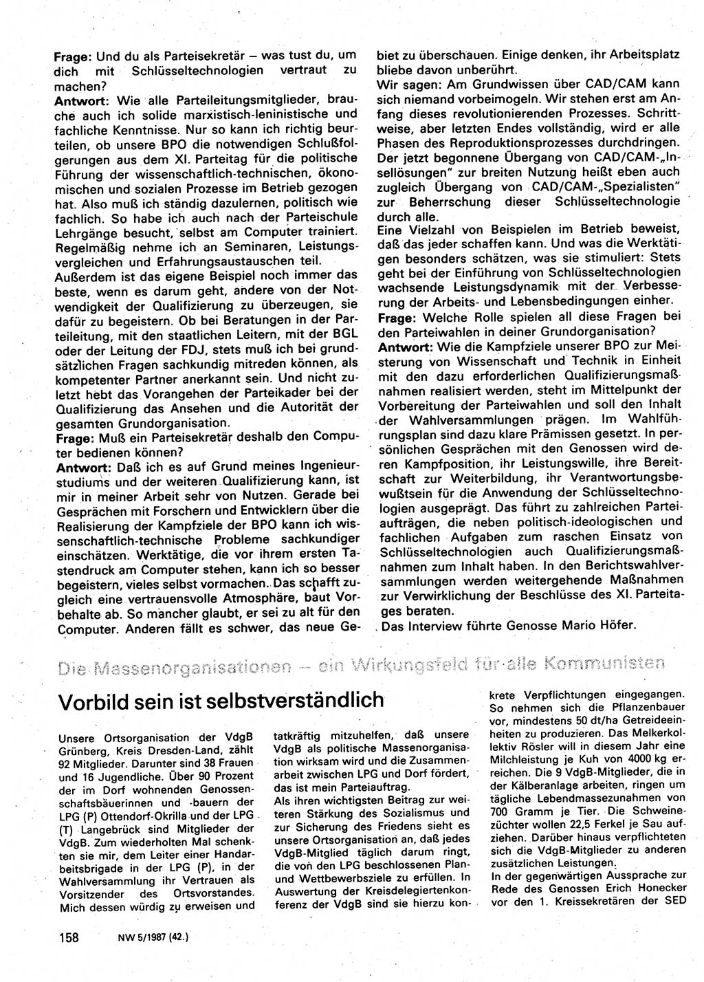 Neuer Weg (NW), Organ des Zentralkomitees (ZK) der SED (Sozialistische Einheitspartei Deutschlands) für Fragen des Parteilebens, 42. Jahrgang [Deutsche Demokratische Republik (DDR)] 1987, Seite 158 (NW ZK SED DDR 1987, S. 158)