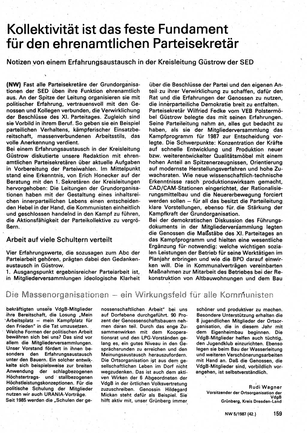 Neuer Weg (NW), Organ des Zentralkomitees (ZK) der SED (Sozialistische Einheitspartei Deutschlands) für Fragen des Parteilebens, 42. Jahrgang [Deutsche Demokratische Republik (DDR)] 1987, Seite 159 (NW ZK SED DDR 1987, S. 159)