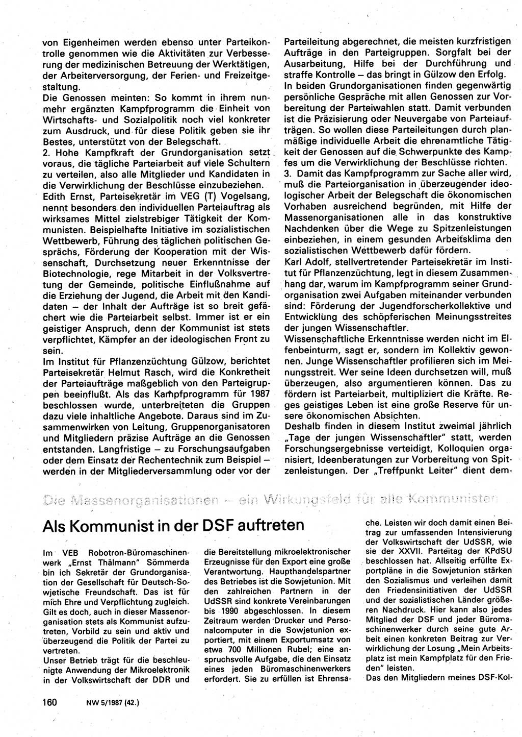 Neuer Weg (NW), Organ des Zentralkomitees (ZK) der SED (Sozialistische Einheitspartei Deutschlands) für Fragen des Parteilebens, 42. Jahrgang [Deutsche Demokratische Republik (DDR)] 1987, Seite 160 (NW ZK SED DDR 1987, S. 160)