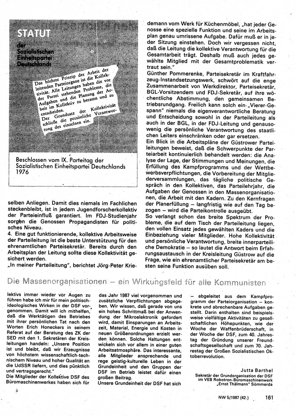 Neuer Weg (NW), Organ des Zentralkomitees (ZK) der SED (Sozialistische Einheitspartei Deutschlands) für Fragen des Parteilebens, 42. Jahrgang [Deutsche Demokratische Republik (DDR)] 1987, Seite 161 (NW ZK SED DDR 1987, S. 161)