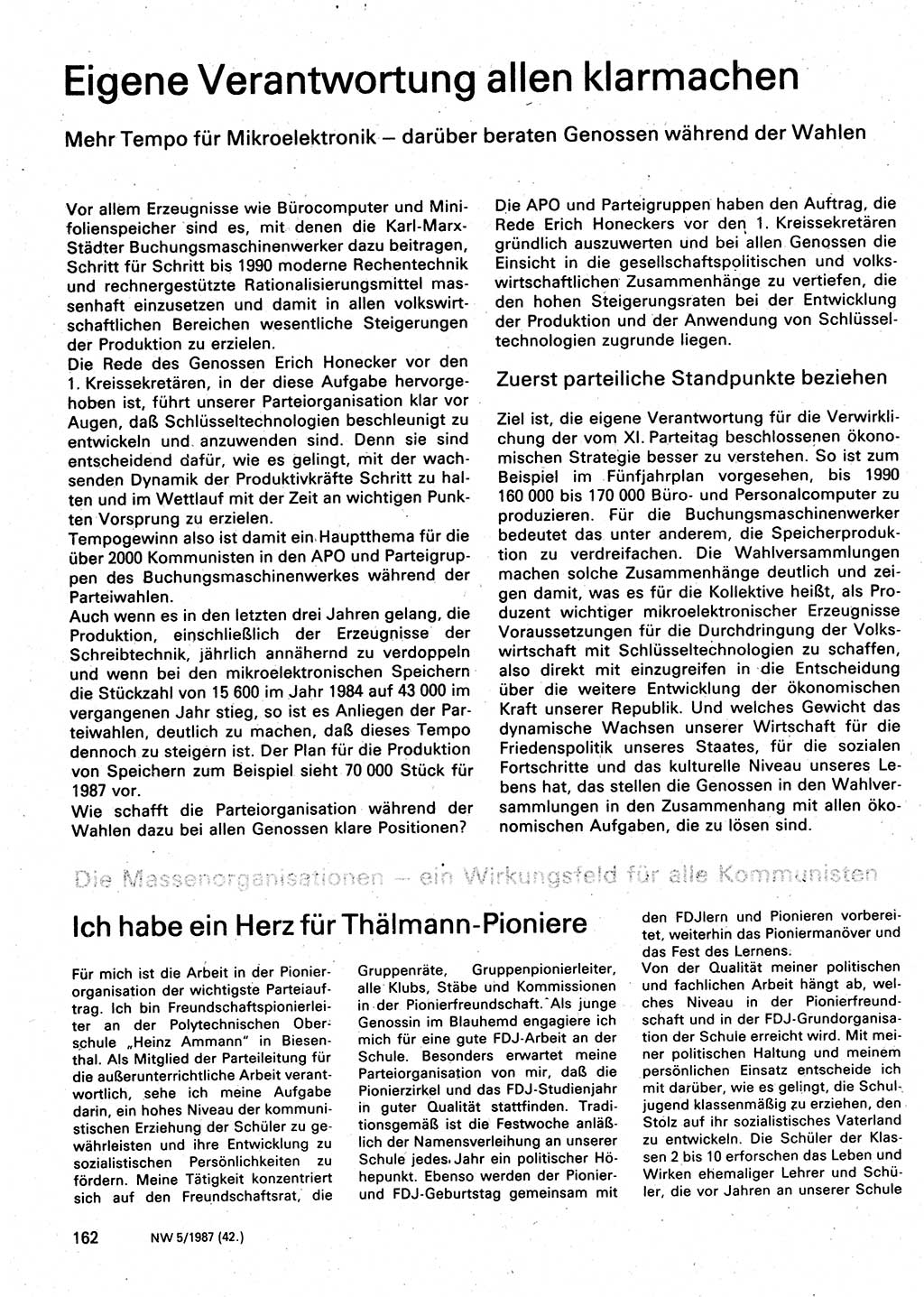 Neuer Weg (NW), Organ des Zentralkomitees (ZK) der SED (Sozialistische Einheitspartei Deutschlands) für Fragen des Parteilebens, 42. Jahrgang [Deutsche Demokratische Republik (DDR)] 1987, Seite 162 (NW ZK SED DDR 1987, S. 162)