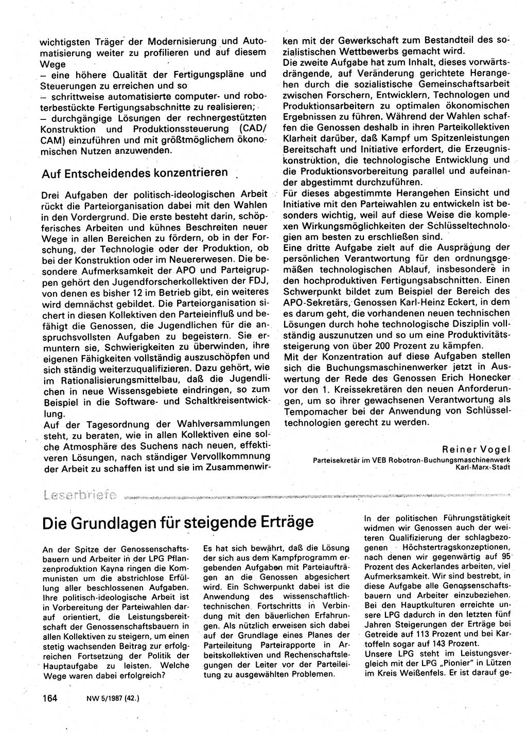 Neuer Weg (NW), Organ des Zentralkomitees (ZK) der SED (Sozialistische Einheitspartei Deutschlands) für Fragen des Parteilebens, 42. Jahrgang [Deutsche Demokratische Republik (DDR)] 1987, Seite 164 (NW ZK SED DDR 1987, S. 164)