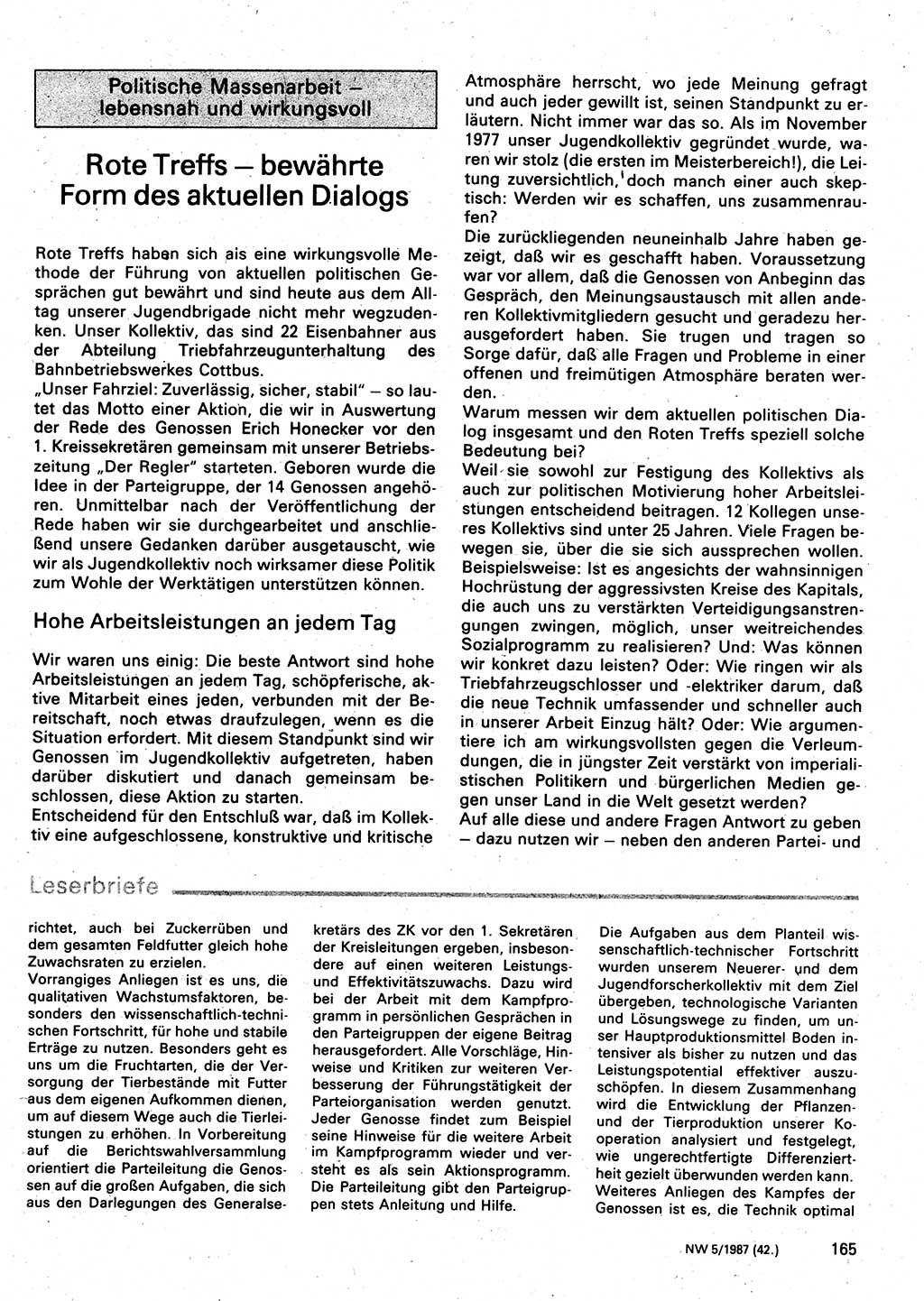 Neuer Weg (NW), Organ des Zentralkomitees (ZK) der SED (Sozialistische Einheitspartei Deutschlands) für Fragen des Parteilebens, 42. Jahrgang [Deutsche Demokratische Republik (DDR)] 1987, Seite 165 (NW ZK SED DDR 1987, S. 165)