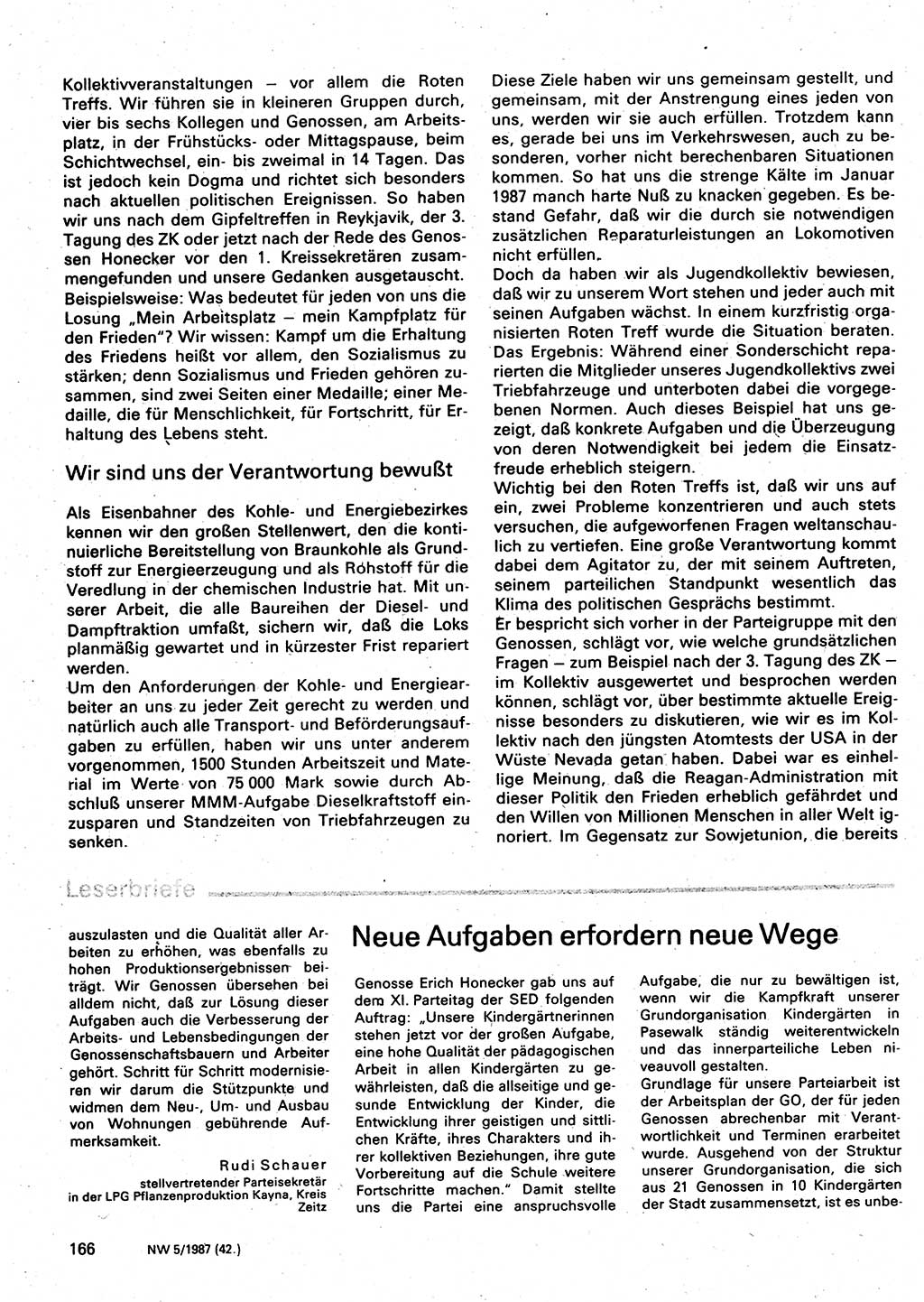 Neuer Weg (NW), Organ des Zentralkomitees (ZK) der SED (Sozialistische Einheitspartei Deutschlands) für Fragen des Parteilebens, 42. Jahrgang [Deutsche Demokratische Republik (DDR)] 1987, Seite 166 (NW ZK SED DDR 1987, S. 166)