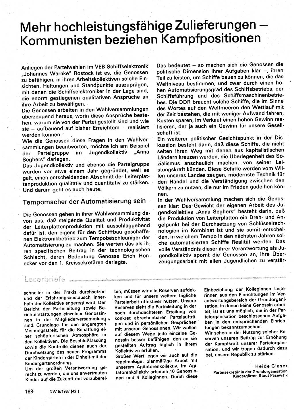 Neuer Weg (NW), Organ des Zentralkomitees (ZK) der SED (Sozialistische Einheitspartei Deutschlands) für Fragen des Parteilebens, 42. Jahrgang [Deutsche Demokratische Republik (DDR)] 1987, Seite 168 (NW ZK SED DDR 1987, S. 168)