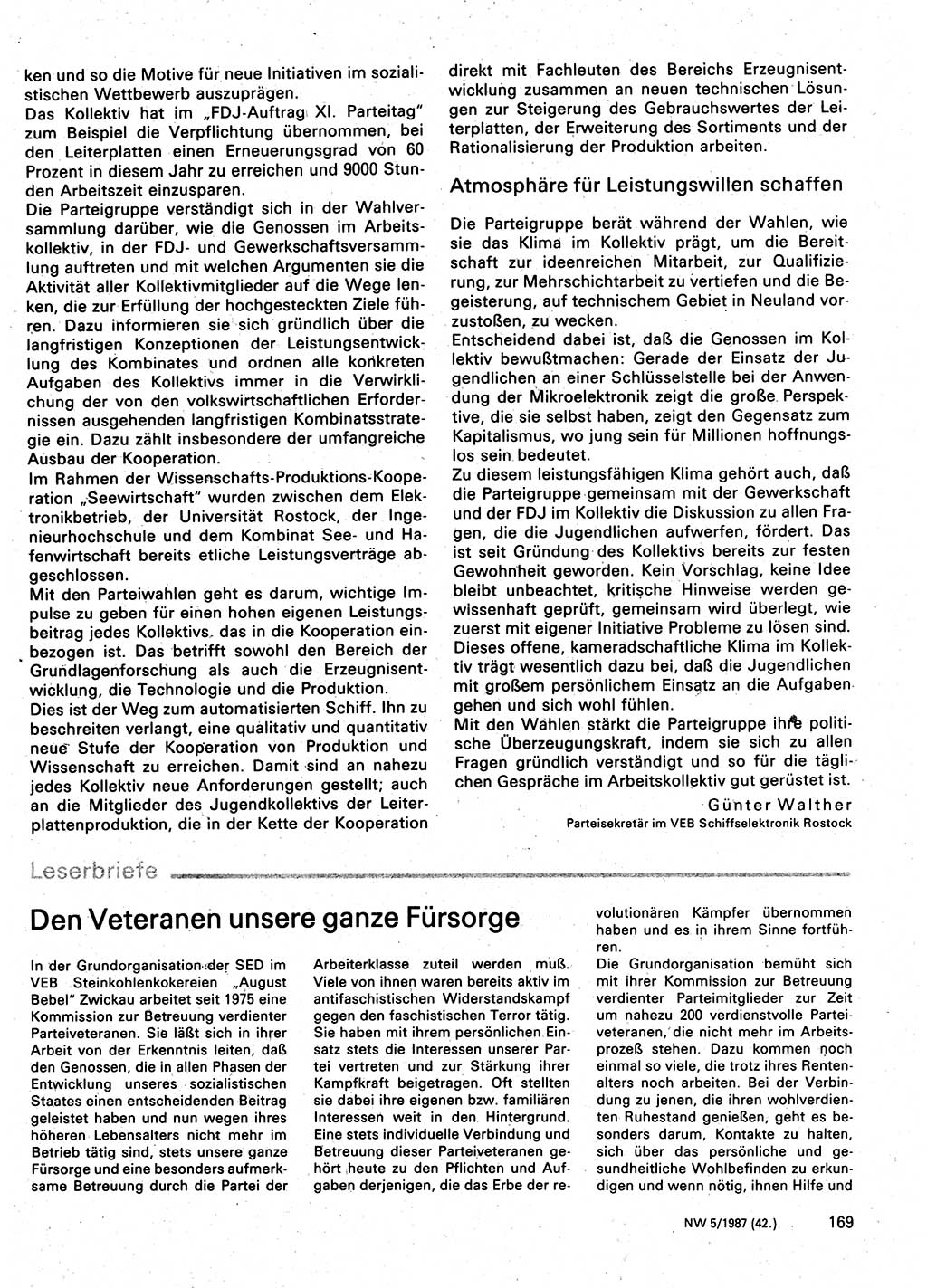 Neuer Weg (NW), Organ des Zentralkomitees (ZK) der SED (Sozialistische Einheitspartei Deutschlands) für Fragen des Parteilebens, 42. Jahrgang [Deutsche Demokratische Republik (DDR)] 1987, Seite 169 (NW ZK SED DDR 1987, S. 169)