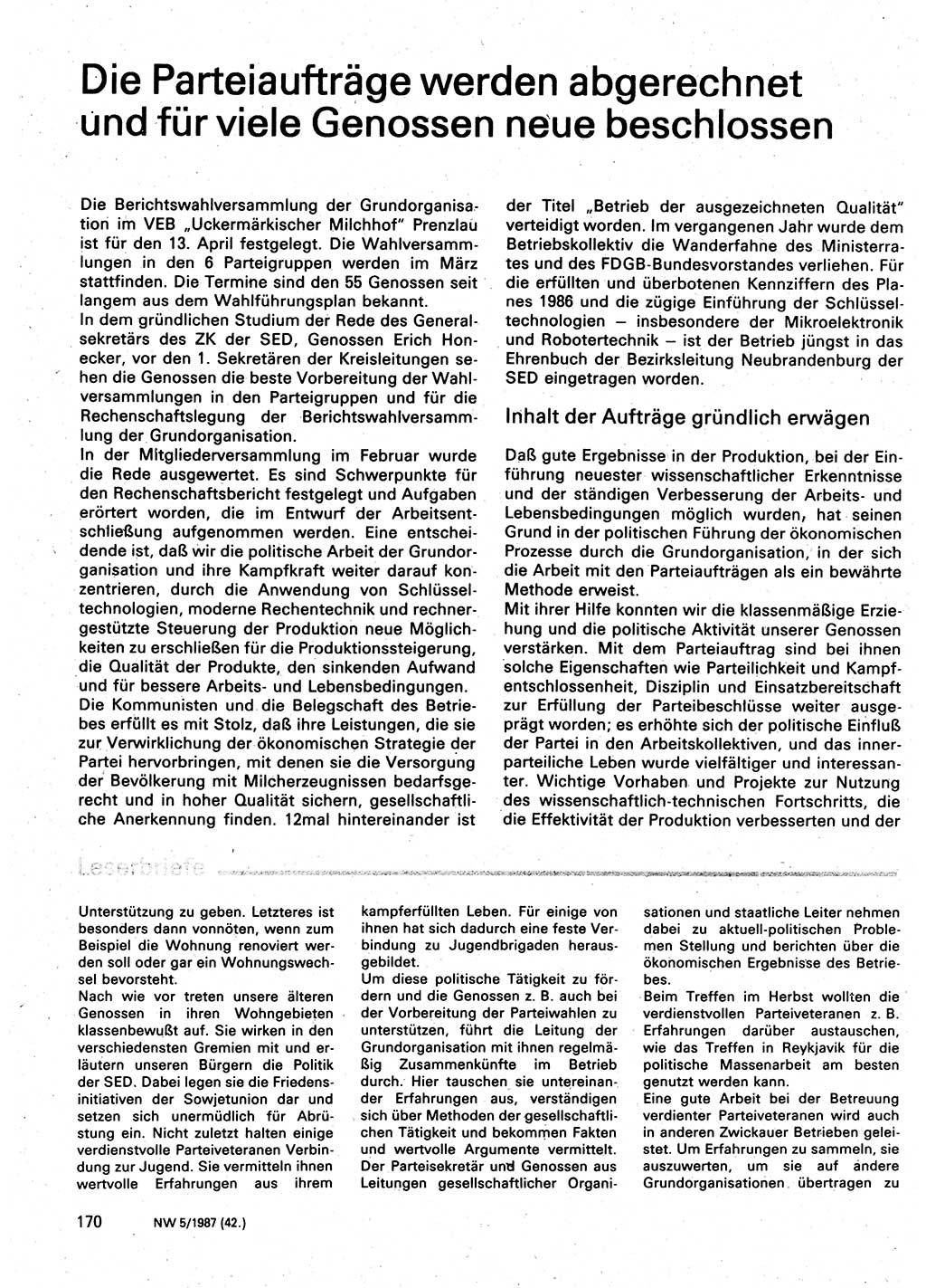 Neuer Weg (NW), Organ des Zentralkomitees (ZK) der SED (Sozialistische Einheitspartei Deutschlands) für Fragen des Parteilebens, 42. Jahrgang [Deutsche Demokratische Republik (DDR)] 1987, Seite 170 (NW ZK SED DDR 1987, S. 170)