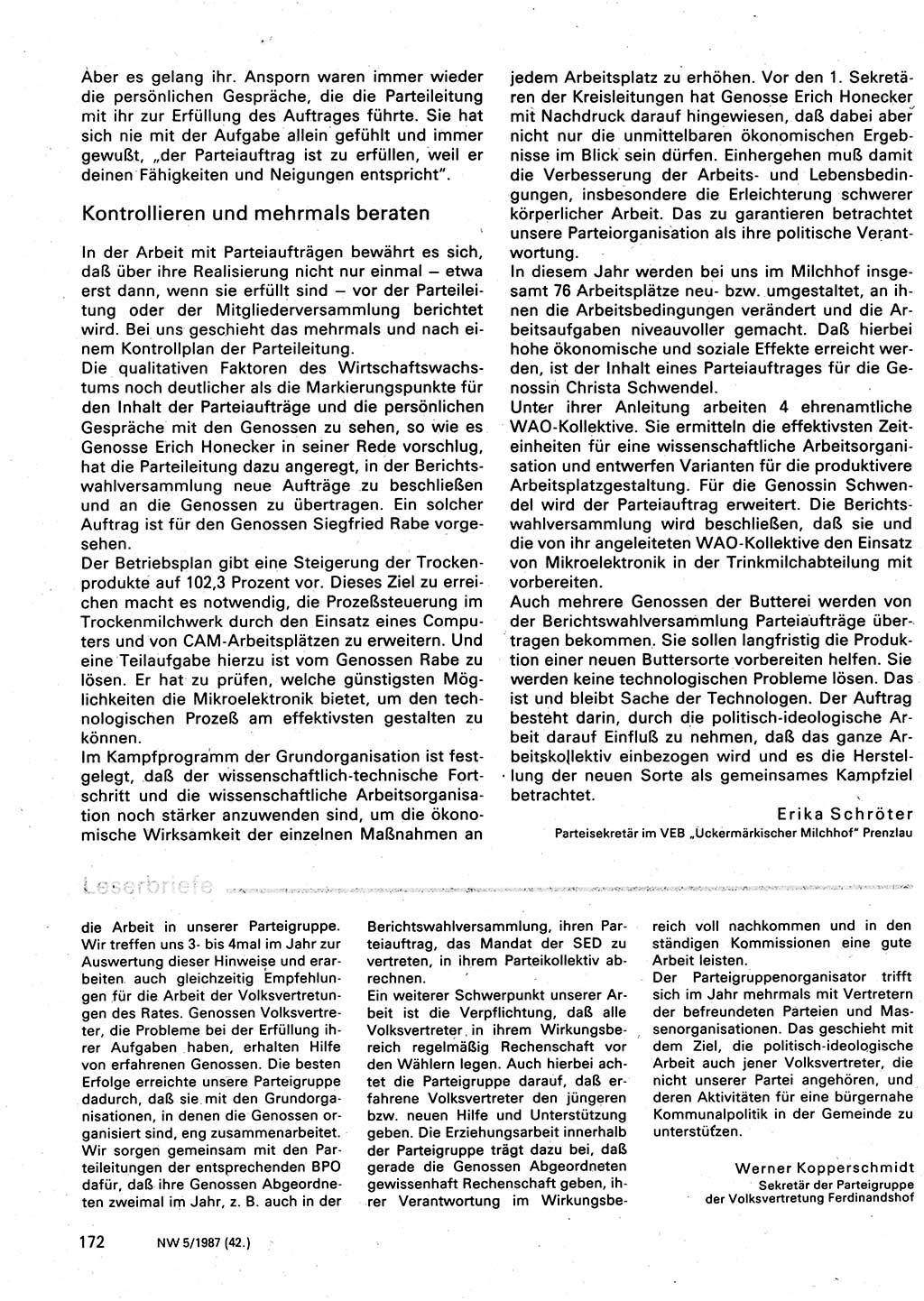 Neuer Weg (NW), Organ des Zentralkomitees (ZK) der SED (Sozialistische Einheitspartei Deutschlands) für Fragen des Parteilebens, 42. Jahrgang [Deutsche Demokratische Republik (DDR)] 1987, Seite 172 (NW ZK SED DDR 1987, S. 172)