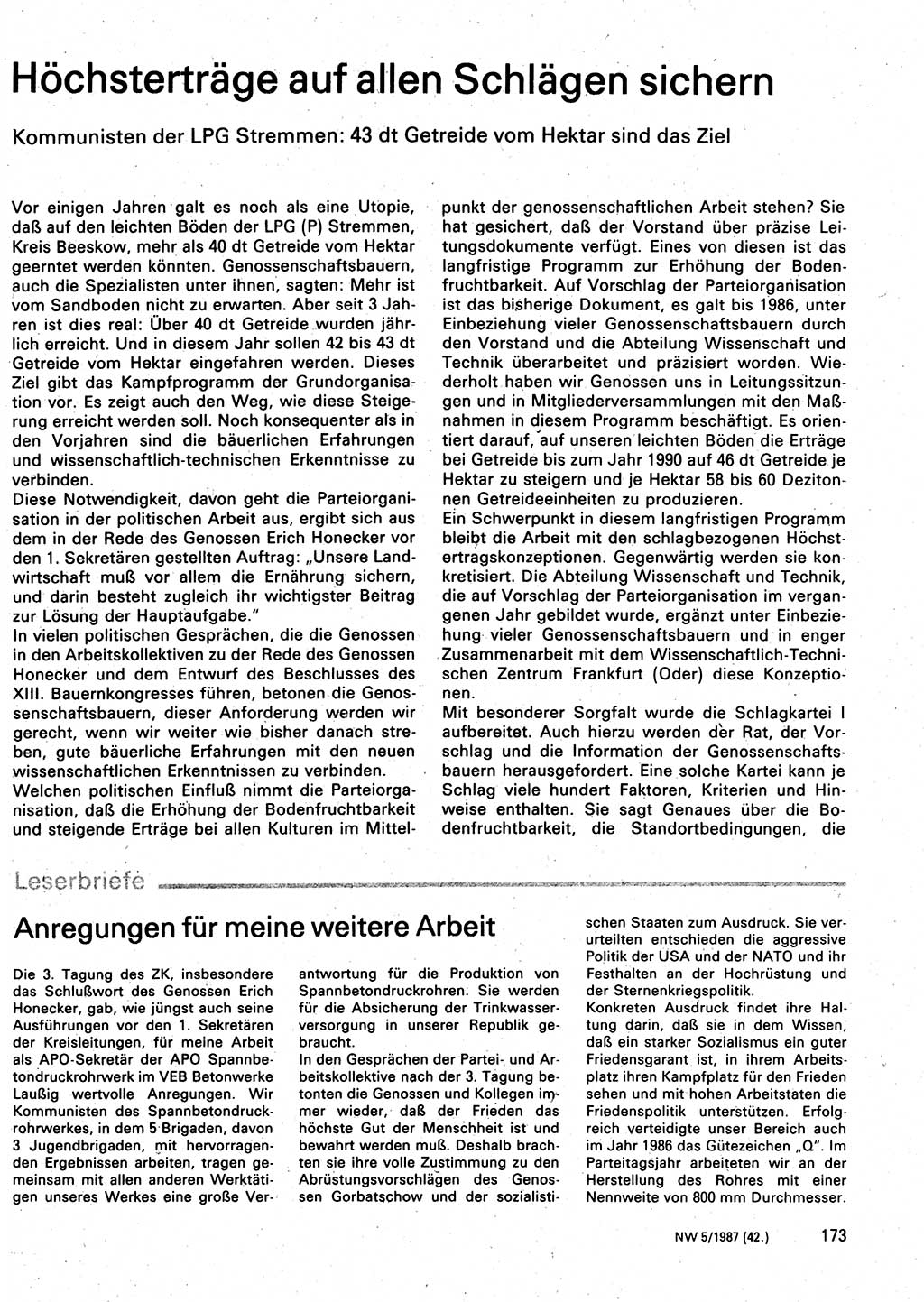 Neuer Weg (NW), Organ des Zentralkomitees (ZK) der SED (Sozialistische Einheitspartei Deutschlands) für Fragen des Parteilebens, 42. Jahrgang [Deutsche Demokratische Republik (DDR)] 1987, Seite 173 (NW ZK SED DDR 1987, S. 173)