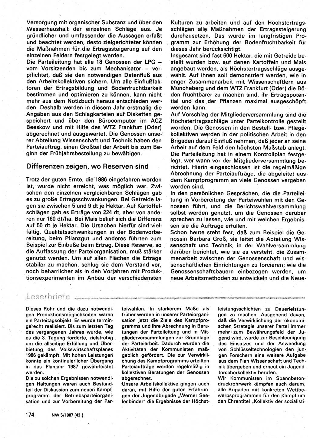 Neuer Weg (NW), Organ des Zentralkomitees (ZK) der SED (Sozialistische Einheitspartei Deutschlands) für Fragen des Parteilebens, 42. Jahrgang [Deutsche Demokratische Republik (DDR)] 1987, Seite 174 (NW ZK SED DDR 1987, S. 174)