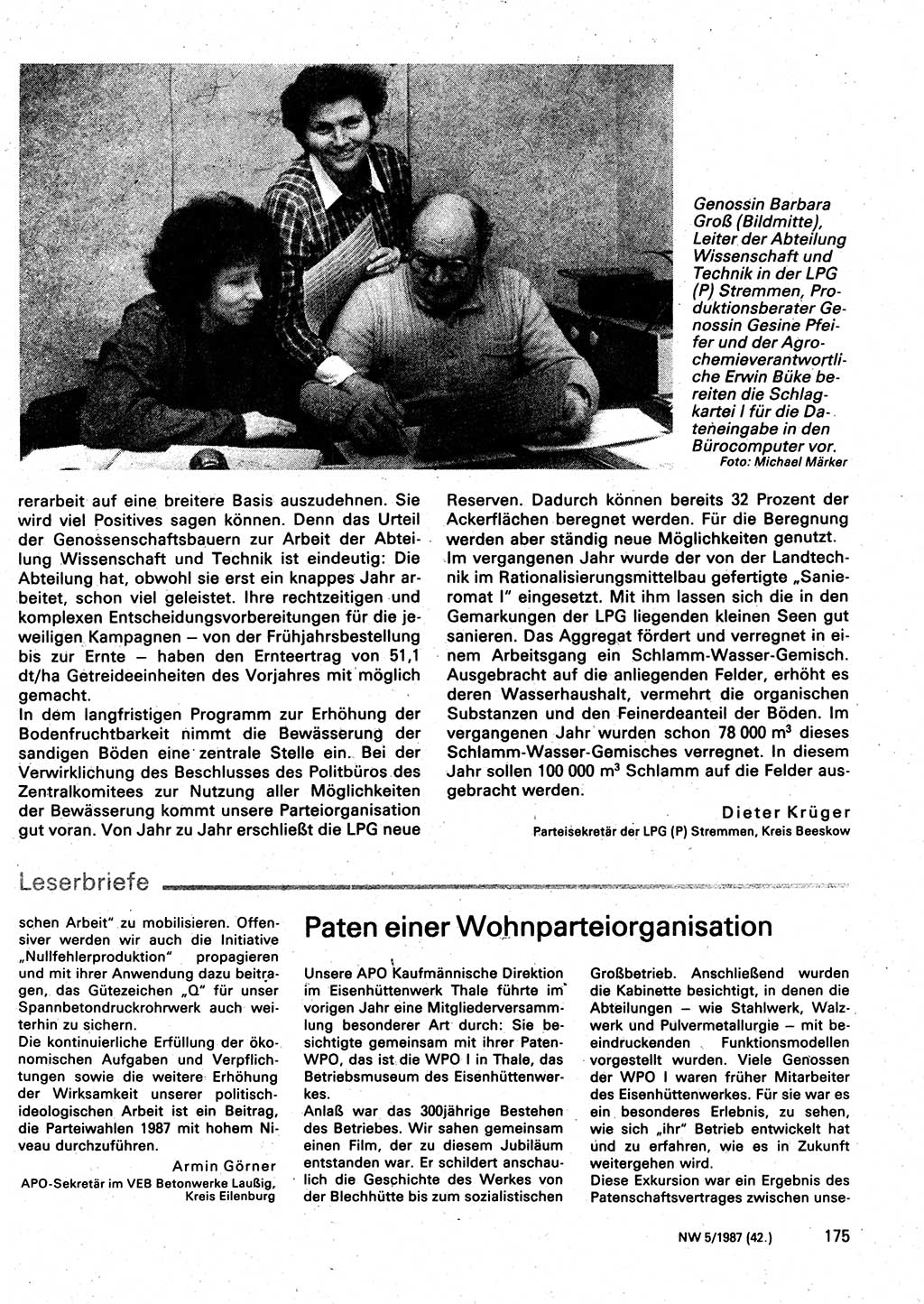 Neuer Weg (NW), Organ des Zentralkomitees (ZK) der SED (Sozialistische Einheitspartei Deutschlands) für Fragen des Parteilebens, 42. Jahrgang [Deutsche Demokratische Republik (DDR)] 1987, Seite 175 (NW ZK SED DDR 1987, S. 175)