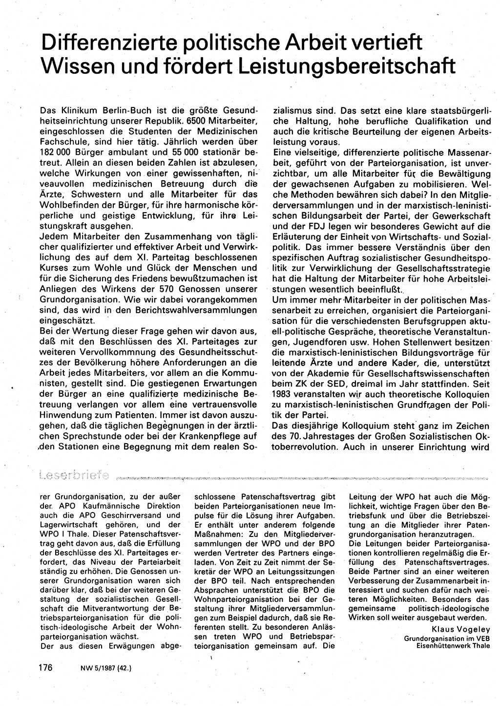 Neuer Weg (NW), Organ des Zentralkomitees (ZK) der SED (Sozialistische Einheitspartei Deutschlands) für Fragen des Parteilebens, 42. Jahrgang [Deutsche Demokratische Republik (DDR)] 1987, Seite 176 (NW ZK SED DDR 1987, S. 176)