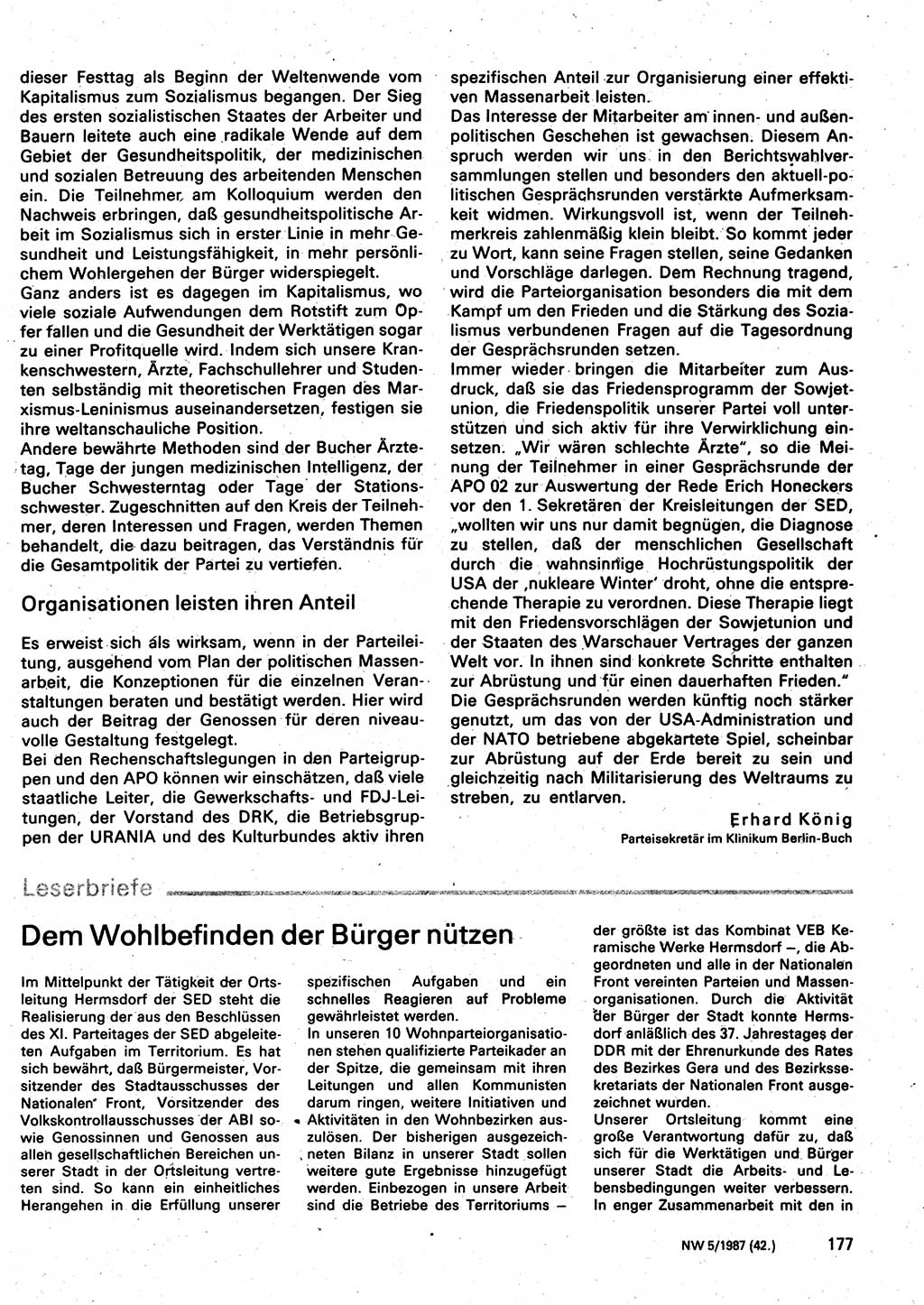 Neuer Weg (NW), Organ des Zentralkomitees (ZK) der SED (Sozialistische Einheitspartei Deutschlands) für Fragen des Parteilebens, 42. Jahrgang [Deutsche Demokratische Republik (DDR)] 1987, Seite 177 (NW ZK SED DDR 1987, S. 177)