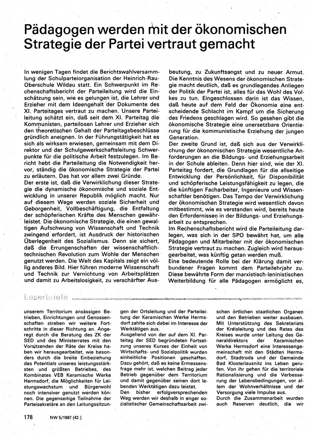 Neuer Weg (NW), Organ des Zentralkomitees (ZK) der SED (Sozialistische Einheitspartei Deutschlands) für Fragen des Parteilebens, 42. Jahrgang [Deutsche Demokratische Republik (DDR)] 1987, Seite 178 (NW ZK SED DDR 1987, S. 178)