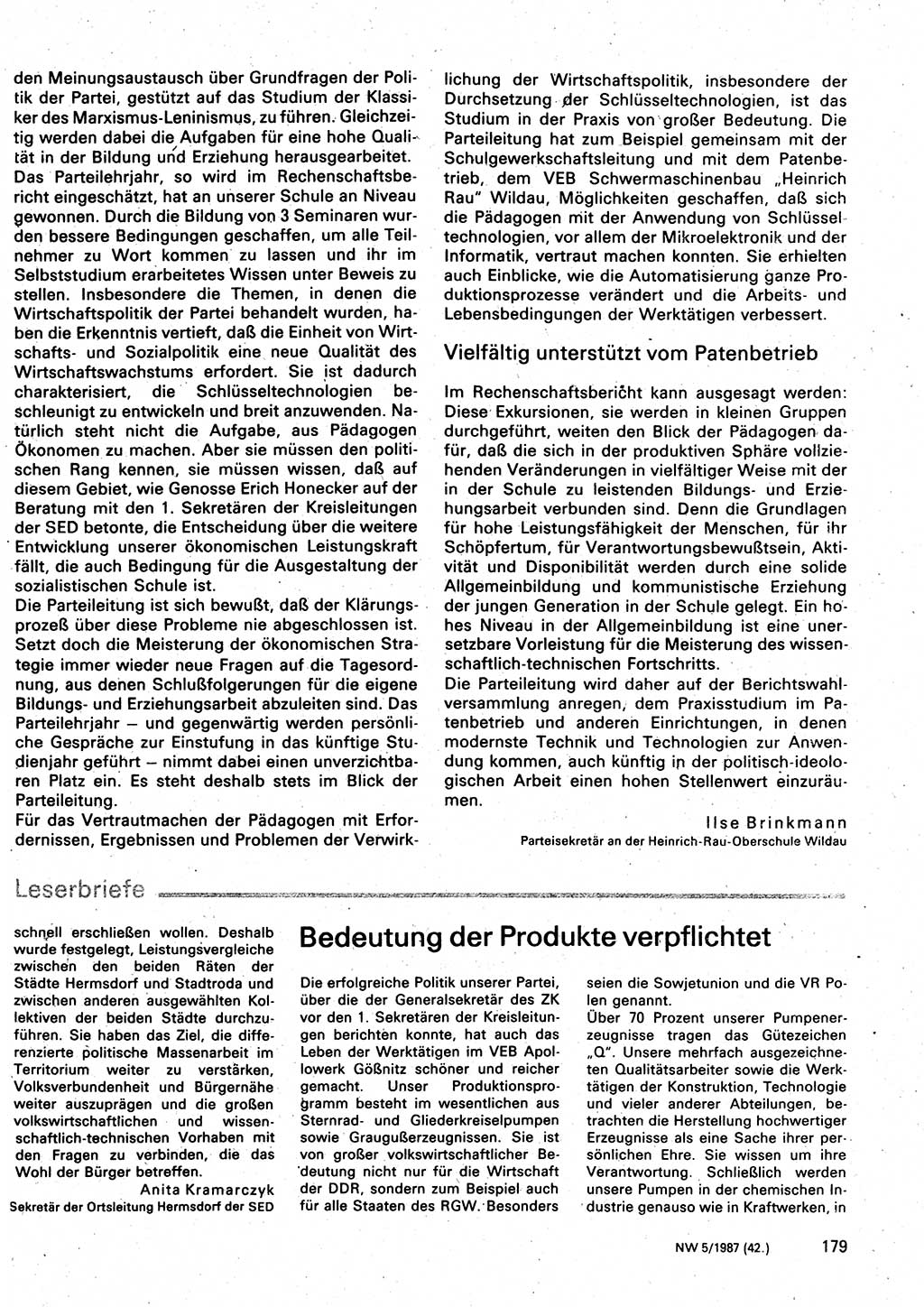 Neuer Weg (NW), Organ des Zentralkomitees (ZK) der SED (Sozialistische Einheitspartei Deutschlands) für Fragen des Parteilebens, 42. Jahrgang [Deutsche Demokratische Republik (DDR)] 1987, Seite 179 (NW ZK SED DDR 1987, S. 179)