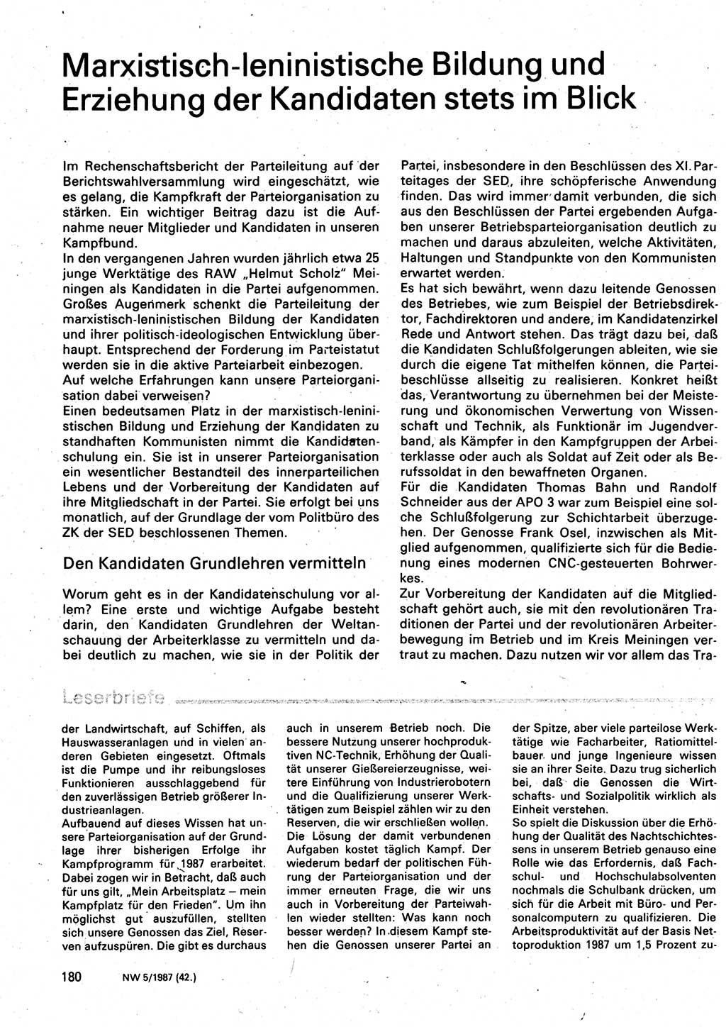 Neuer Weg (NW), Organ des Zentralkomitees (ZK) der SED (Sozialistische Einheitspartei Deutschlands) für Fragen des Parteilebens, 42. Jahrgang [Deutsche Demokratische Republik (DDR)] 1987, Seite 180 (NW ZK SED DDR 1987, S. 180)