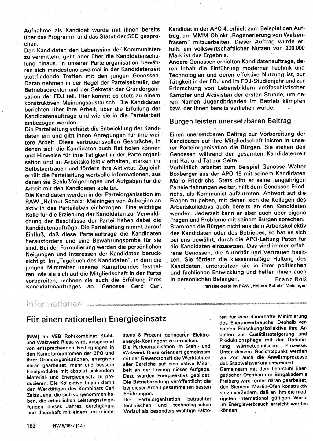 Neuer Weg (NW), Organ des Zentralkomitees (ZK) der SED (Sozialistische Einheitspartei Deutschlands) für Fragen des Parteilebens, 42. Jahrgang [Deutsche Demokratische Republik (DDR)] 1987, Seite 182 (NW ZK SED DDR 1987, S. 182)