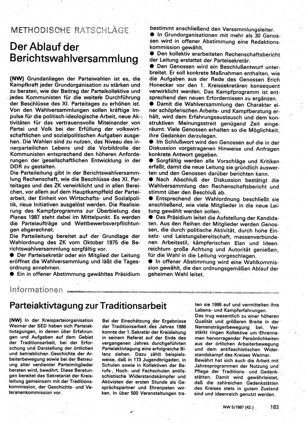 Neuer Weg (NW), Organ des Zentralkomitees (ZK) der SED (Sozialistische Einheitspartei Deutschlands) für Fragen des Parteilebens, 42. Jahrgang [Deutsche Demokratische Republik (DDR)] 1987, Seite 183 (NW ZK SED DDR 1987, S. 183)