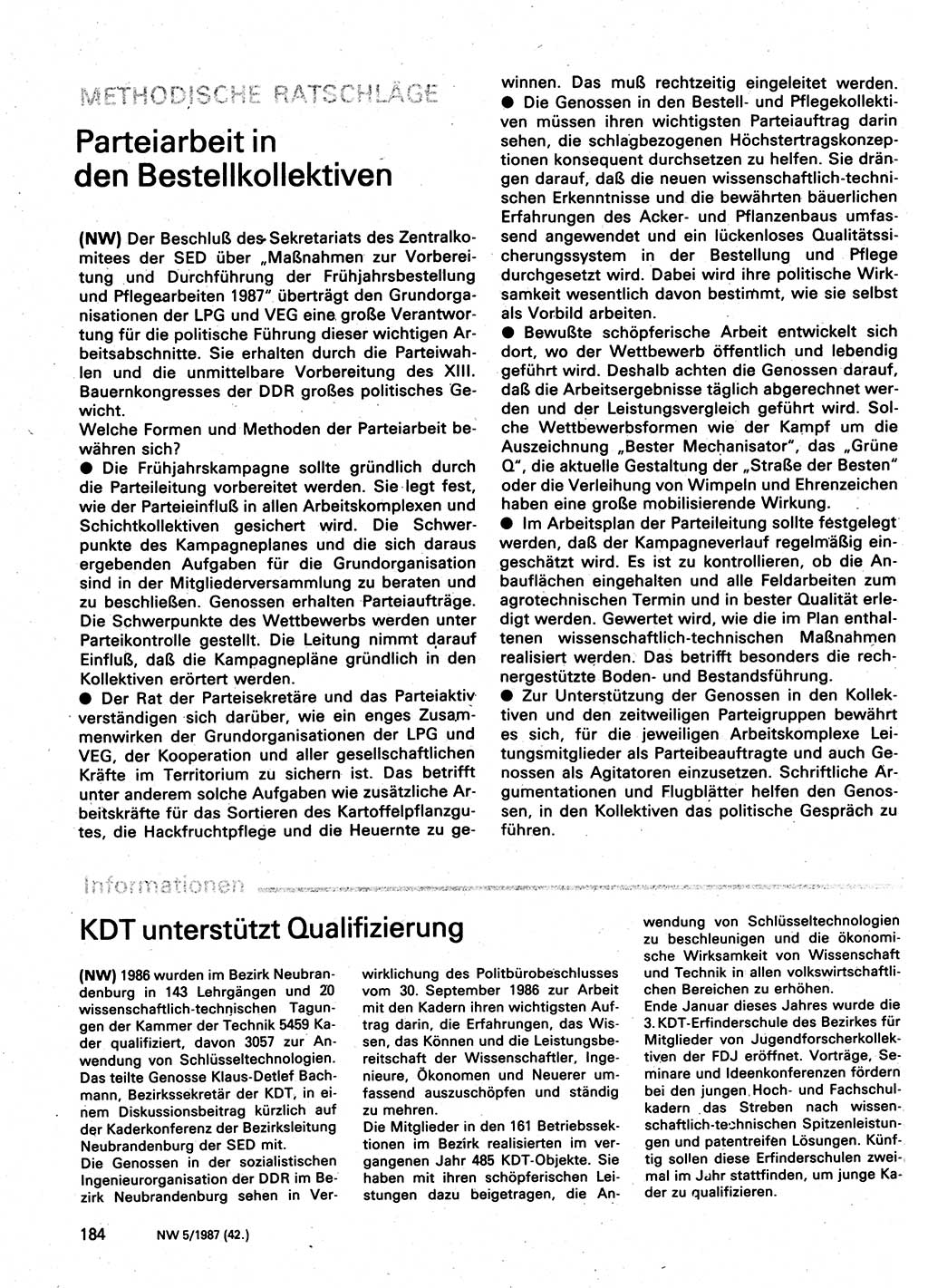 Neuer Weg (NW), Organ des Zentralkomitees (ZK) der SED (Sozialistische Einheitspartei Deutschlands) für Fragen des Parteilebens, 42. Jahrgang [Deutsche Demokratische Republik (DDR)] 1987, Seite 184 (NW ZK SED DDR 1987, S. 184)